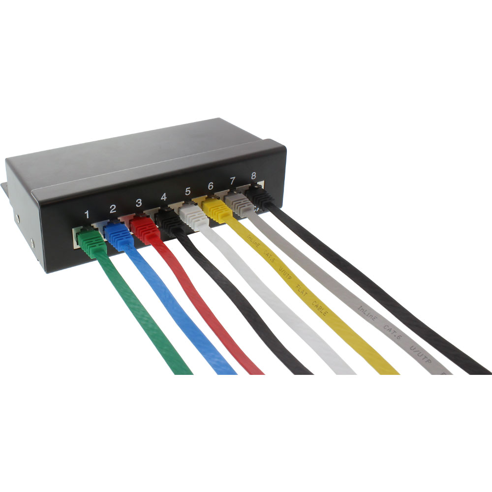 Hub réseau noir avec huit câbles Ethernet colorés connectés et étiquetés.