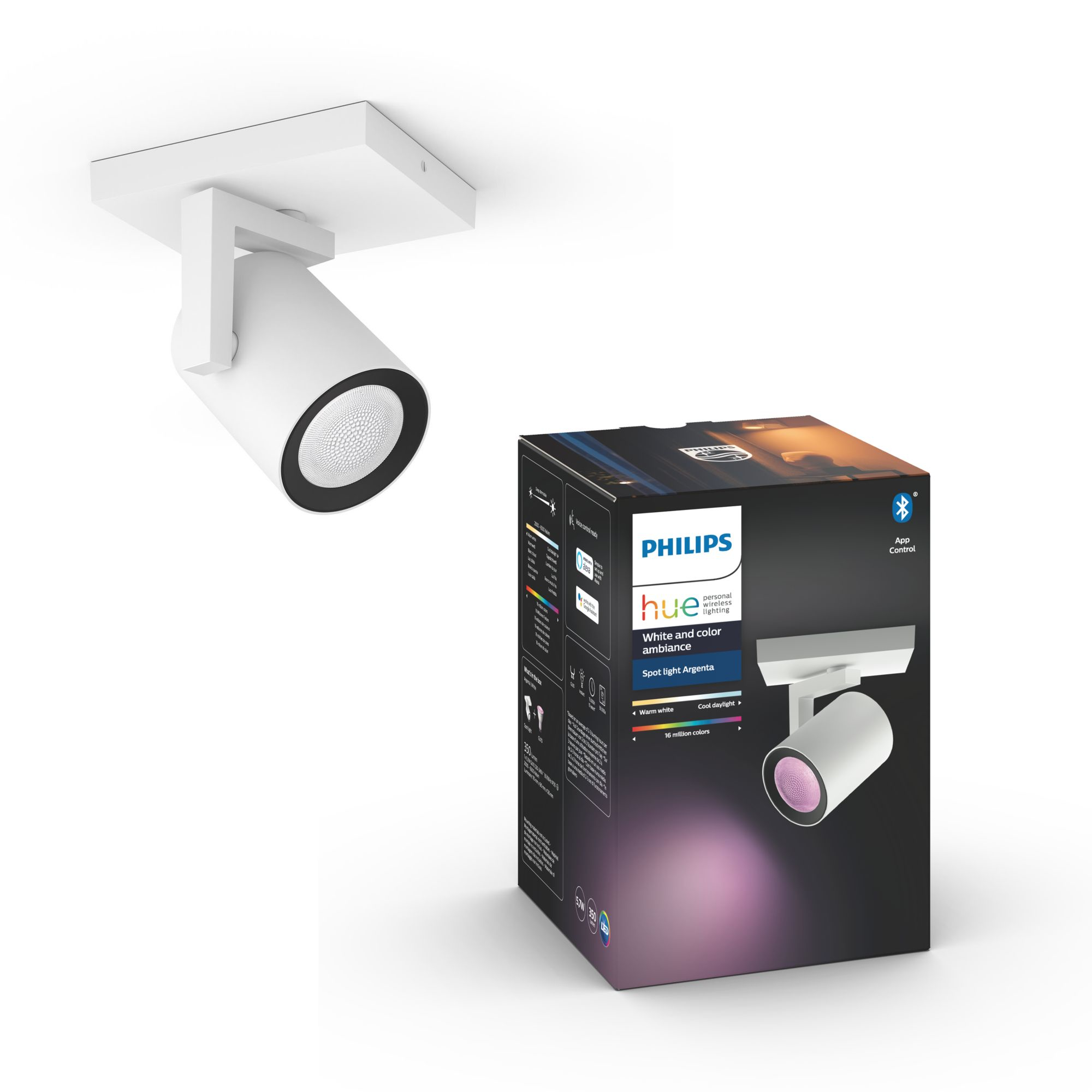 Faretto Philips Hue bianco e la sua confezione su una superficie bianca.