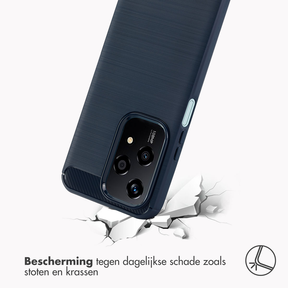 Une coque de téléphone sur une surface fissurée, avec des couleurs bleues et noires.