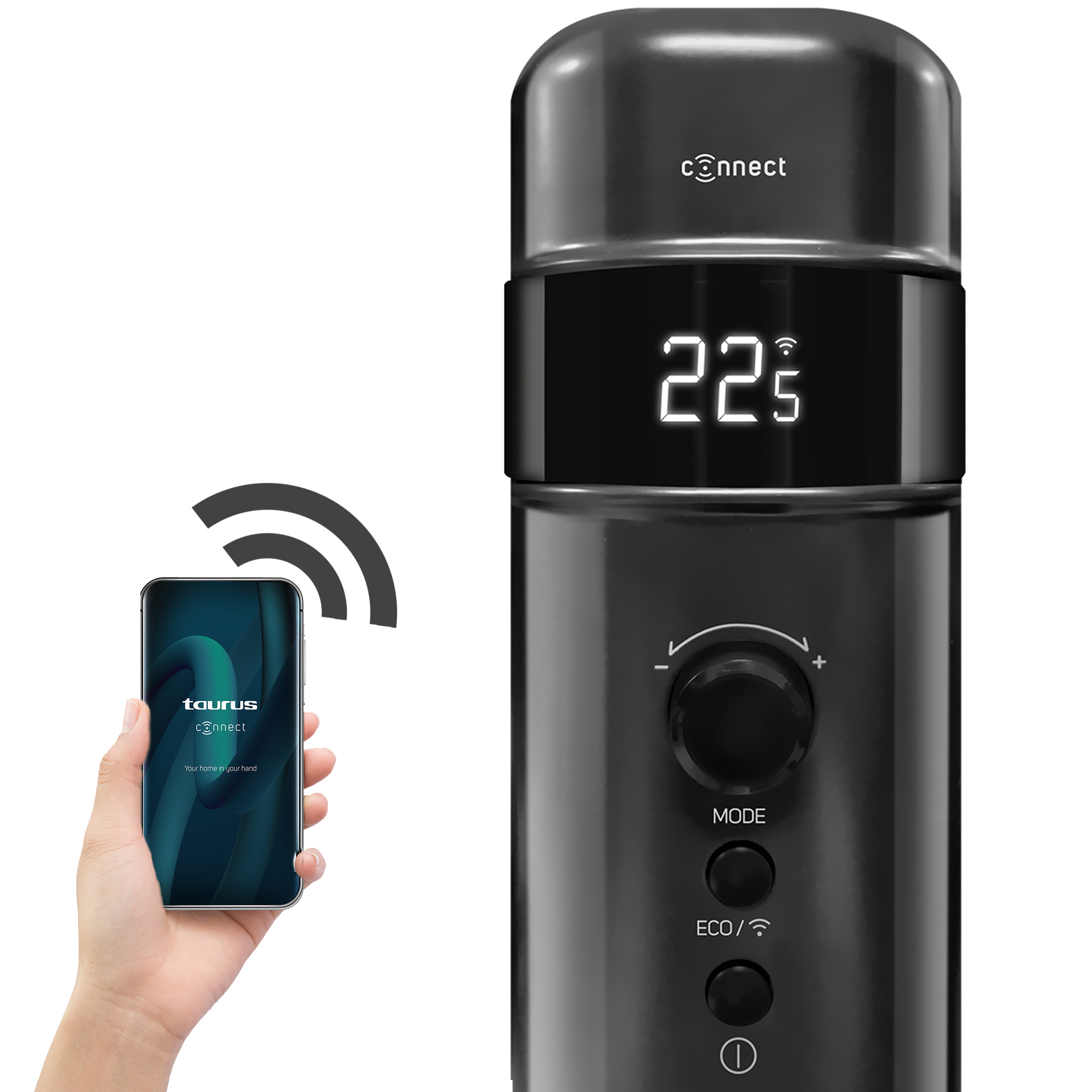 Calentador inteligente negro con pantalla y teléfono a la izquierda mostrando la interfaz de la app.