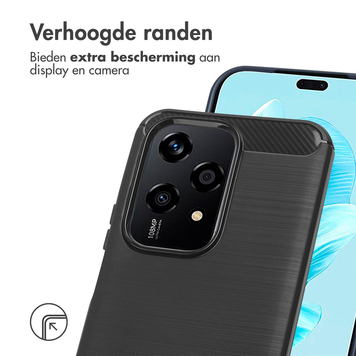Coque de téléphone noire avec un gros plan d'un téléphone. La coque a des bords surélevés pour la protection.