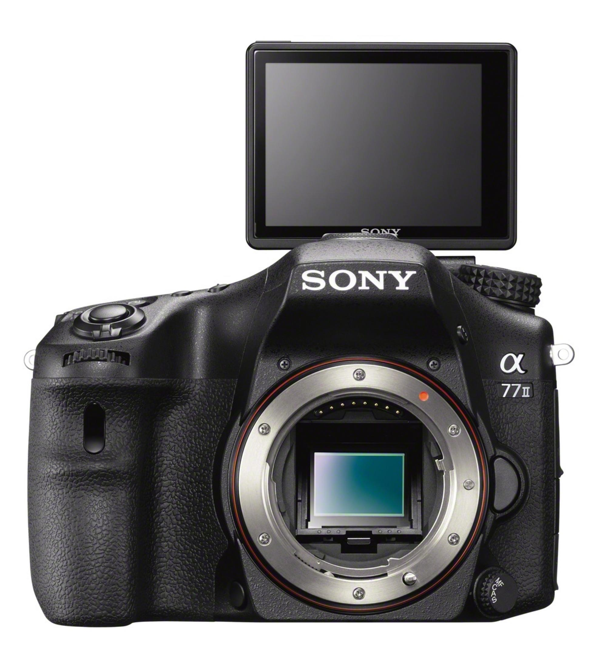 Schwarze Sony Kamera mit ausklappbarem Bildschirm. Objektiv und Knöpfe sichtbar.