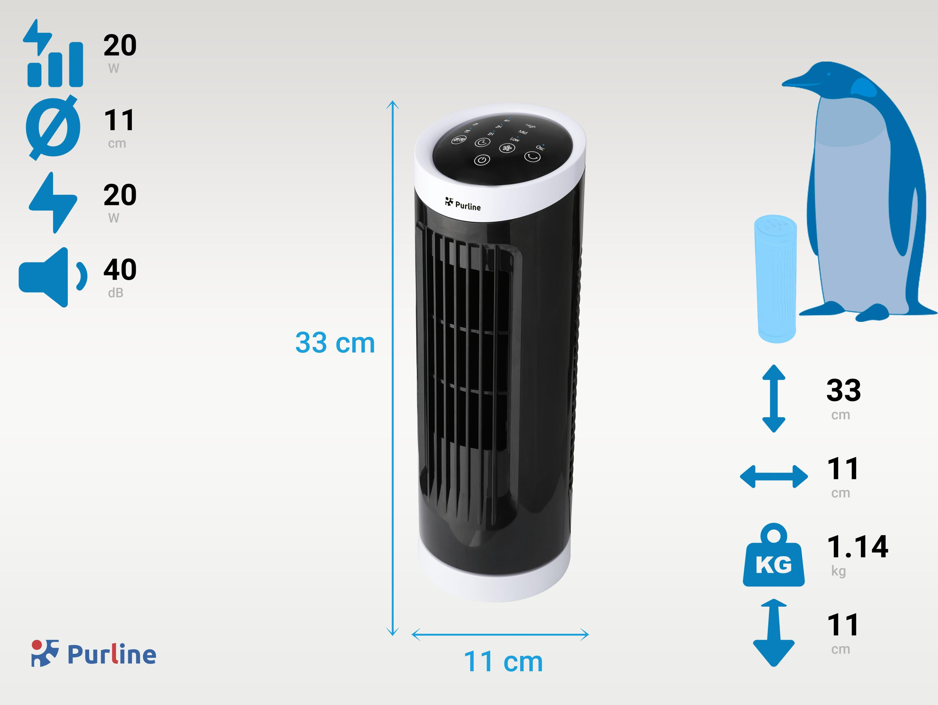 Ventilador de torre blanco y negro con gráfico de pingüino. Medidas y especificaciones.