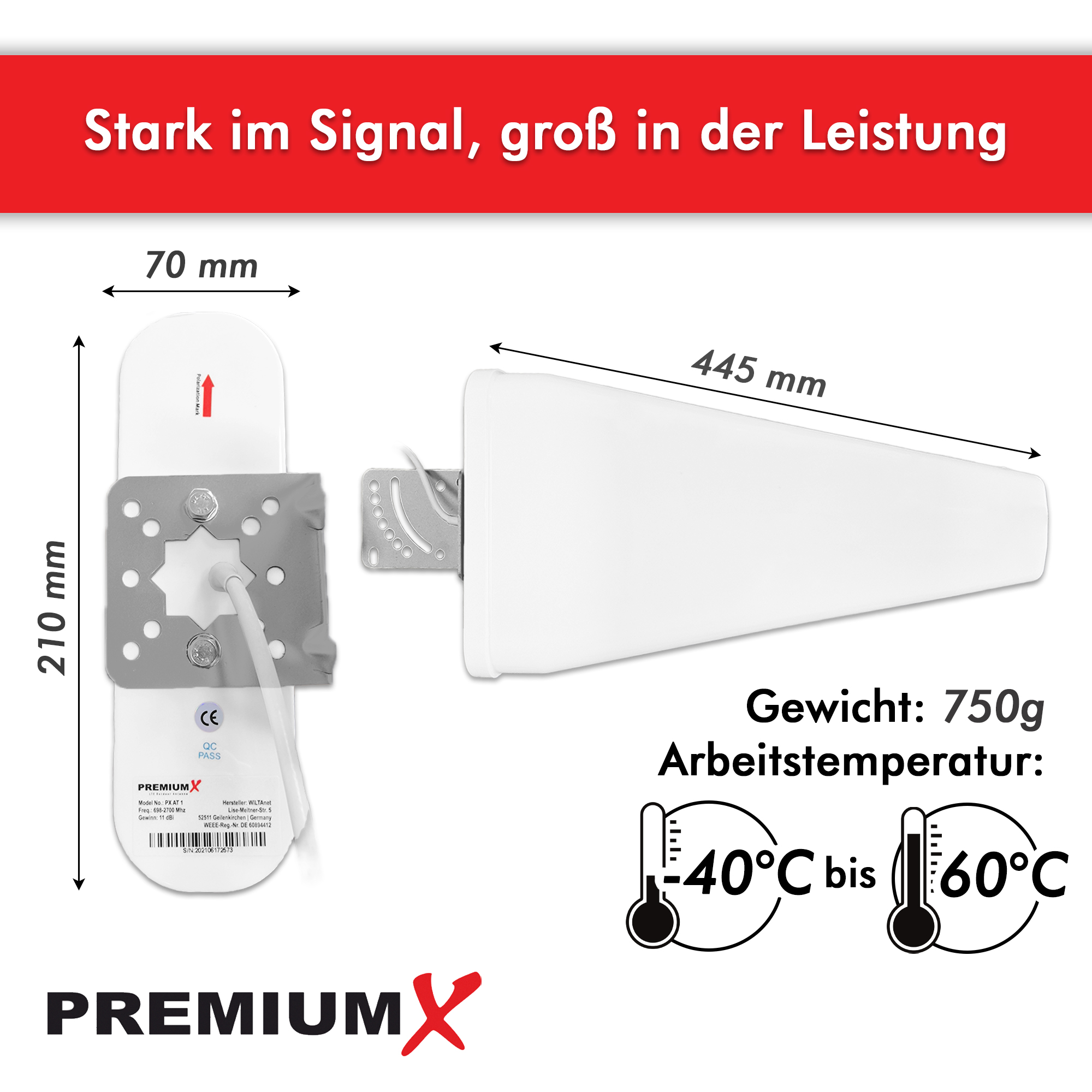 Weiße Außenantenne mit Maßen und Text, mit rotem Logo und weißem Hintergrund.