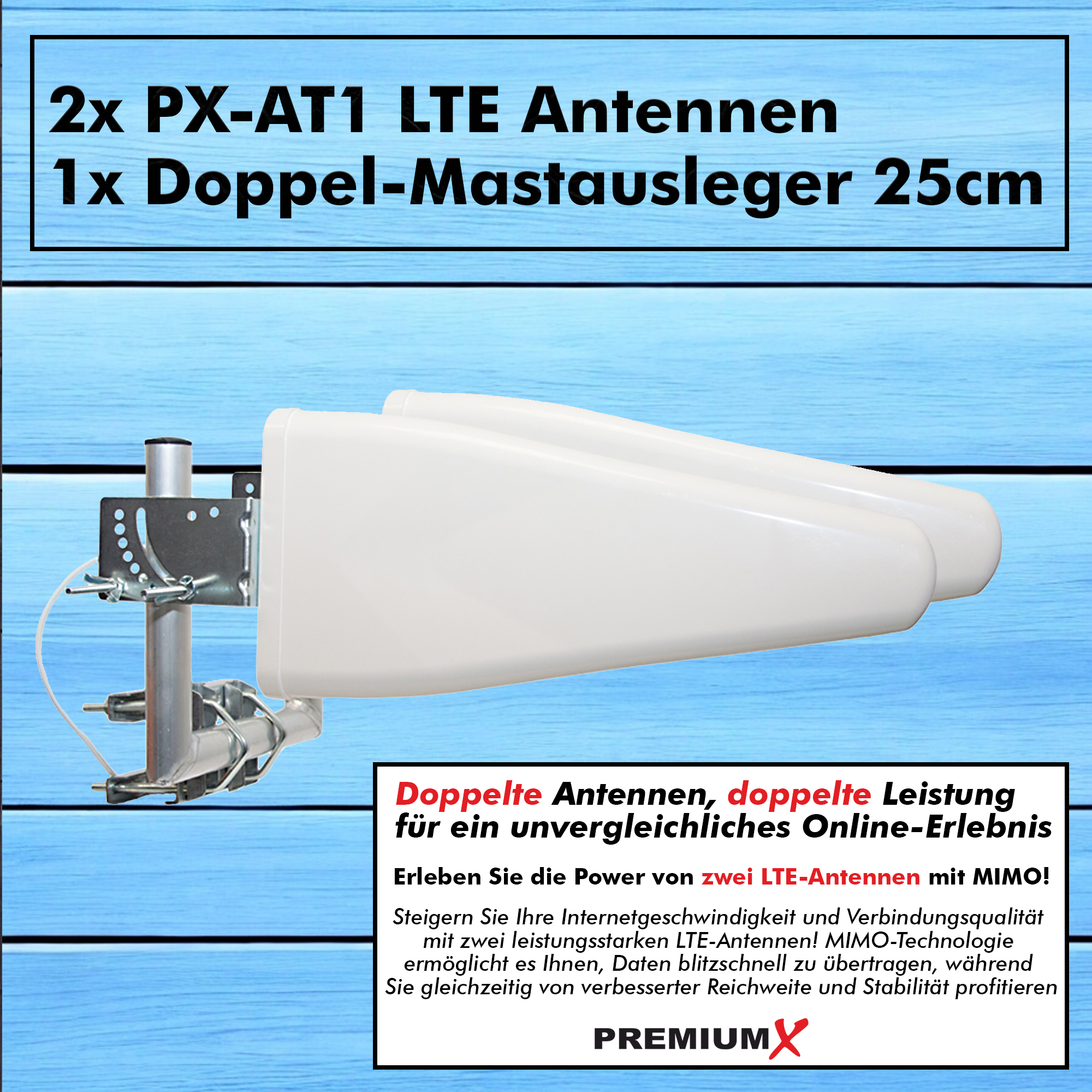 Zwei weiße Antennen mit Text über LTE-Antennen und MIMO-Technologie, auf blauem Holzgrund.