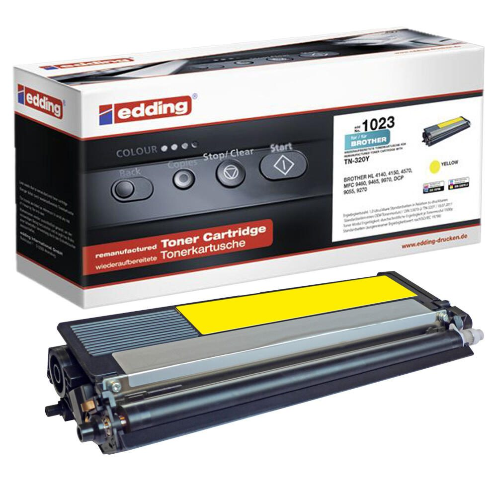 Cartuccia toner e scatola. Toner nero con dettagli gialli. La scatola ha sfondo bianco.