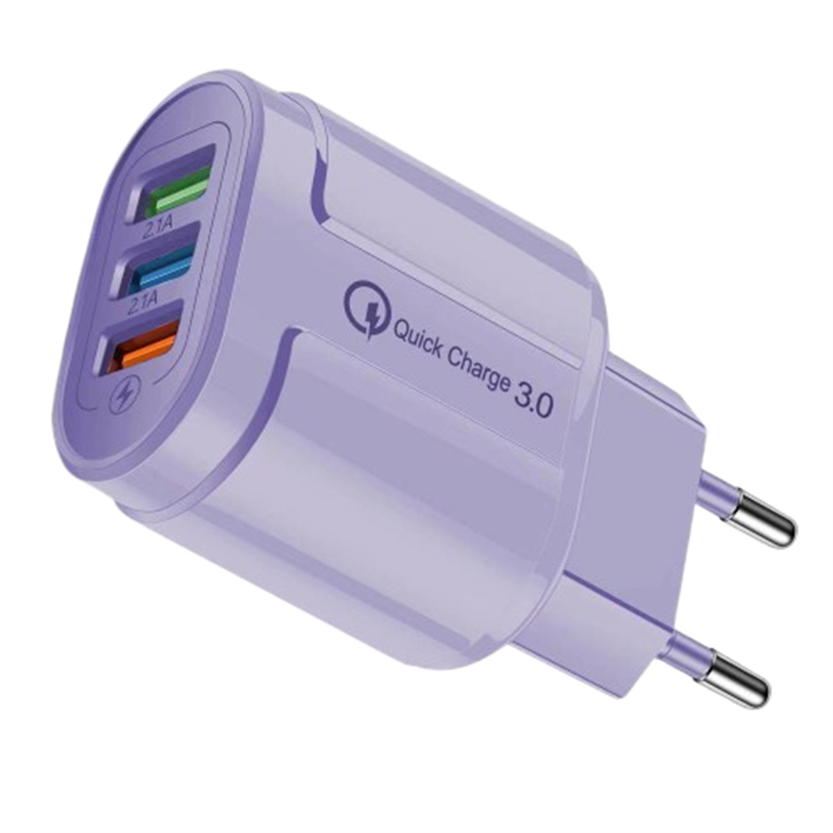 Ein lila Schnellladegerät 3.0 mit drei USB-Anschlüssen. Weißer Hintergrund.