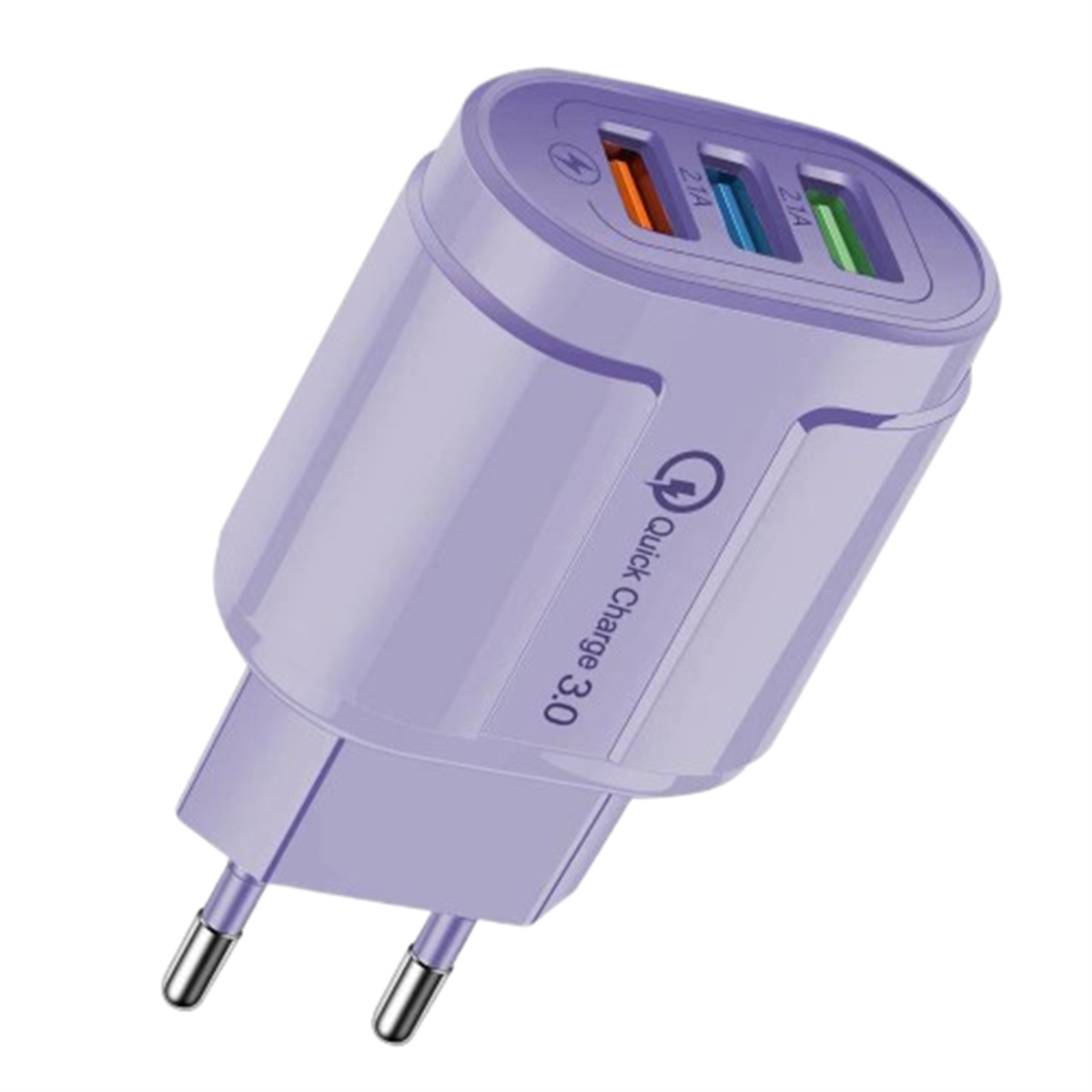 Lila USB-Ladegerät mit drei farbigen Anschlüssen. Es hat einen Stecker.