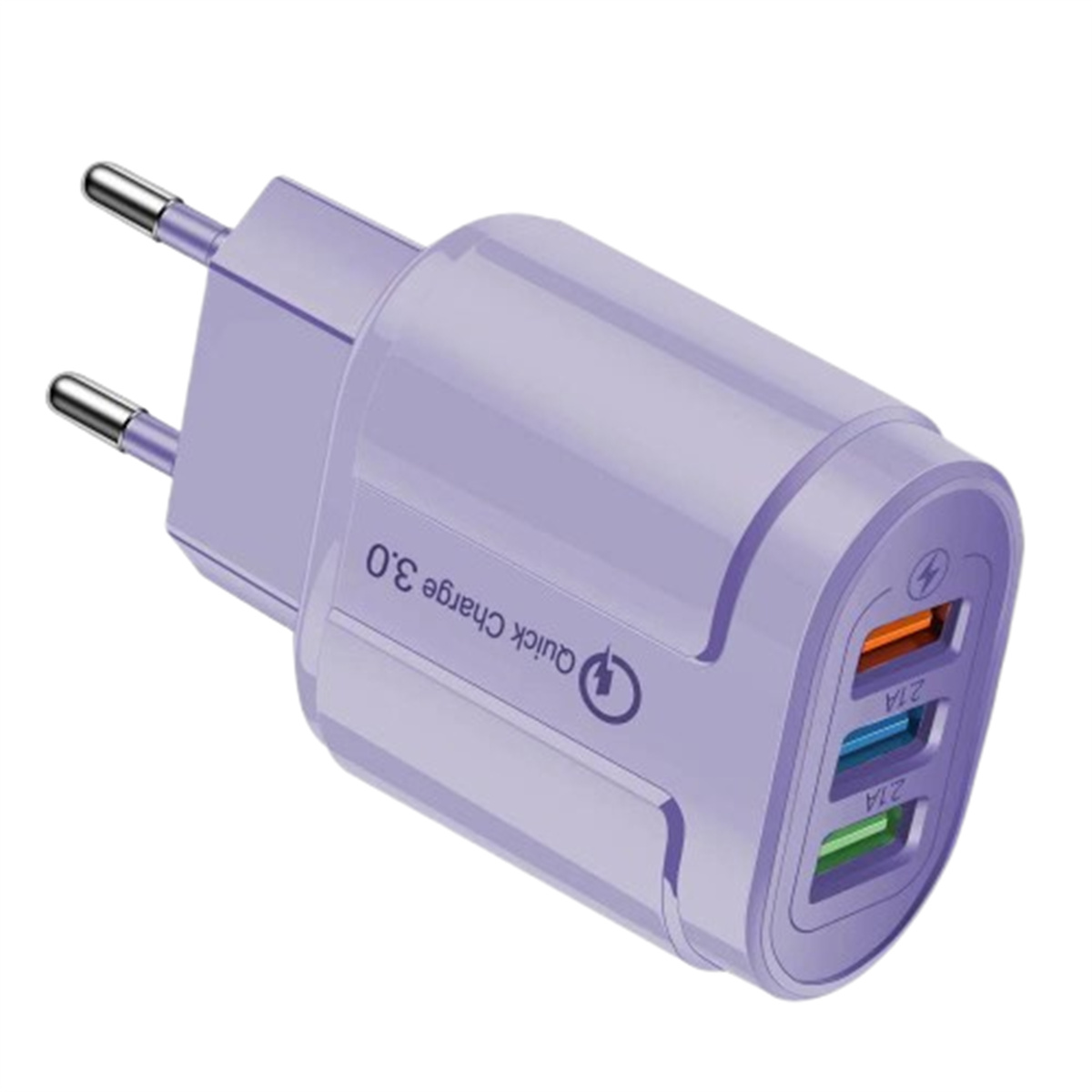 Ein lila USB-Ladegerät mit drei Anschlüssen. Es hat den Text 'Quick Charge 3.0'.