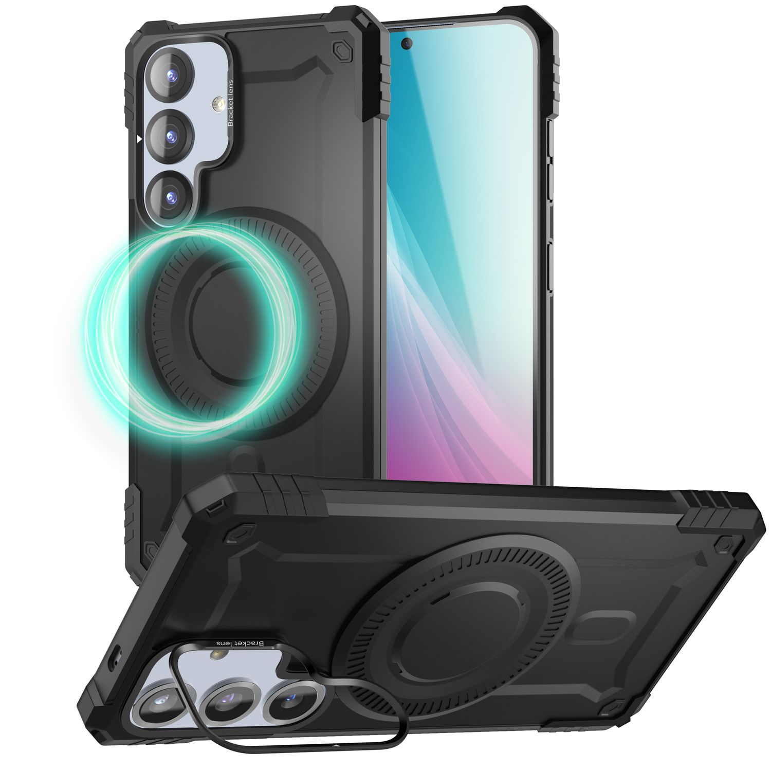Schwarze Handyhülle mit Ring und Telefon. Ein leuchtender Kreis in der Mitte.