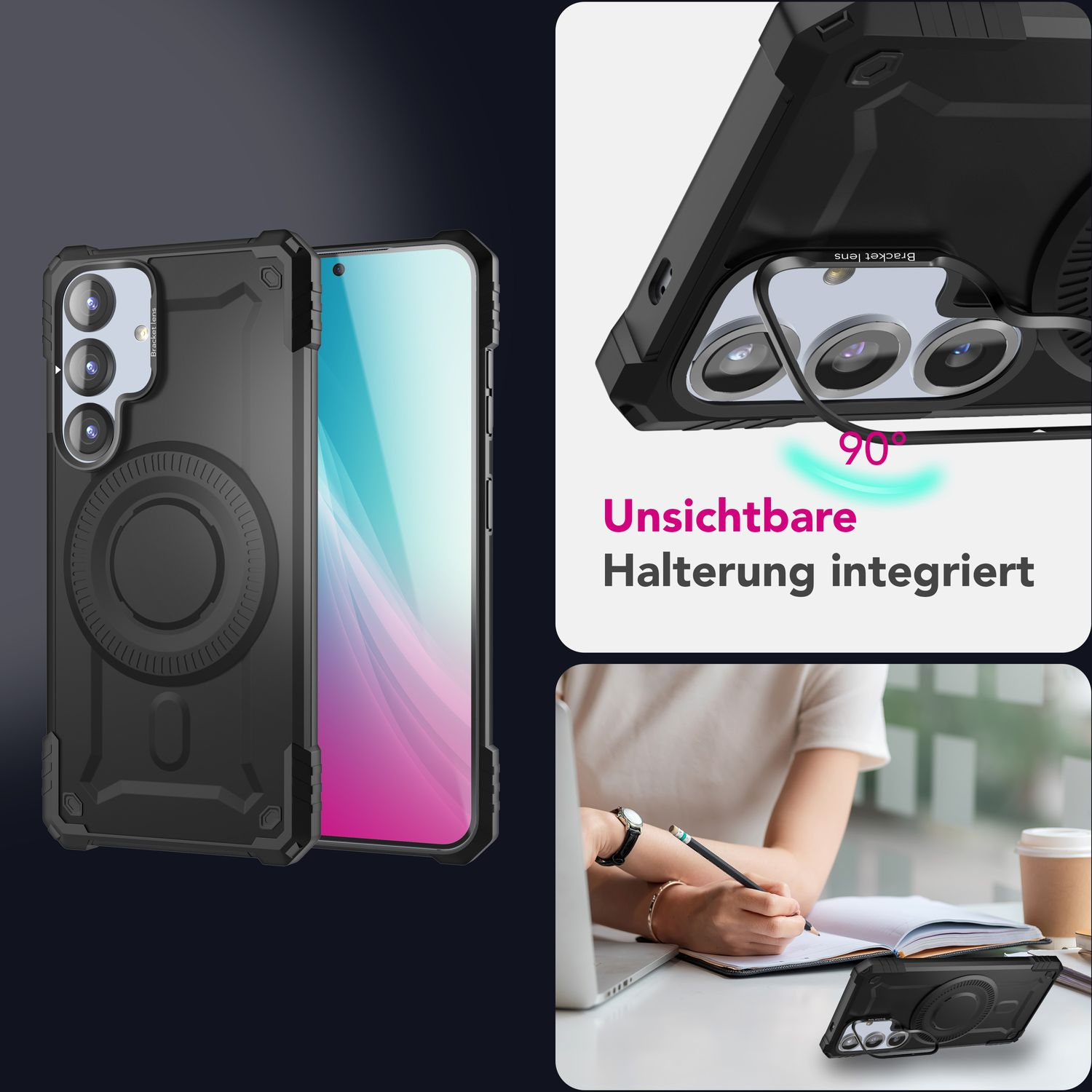 Handyhülle mit Telefon, schwarz, mit schreibender Frau und Design.