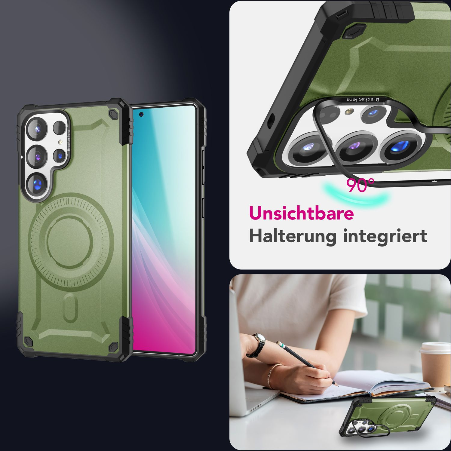 Grüne Handyhülle mit MagSafe. Text: Unsichtbare Halterung integriert.