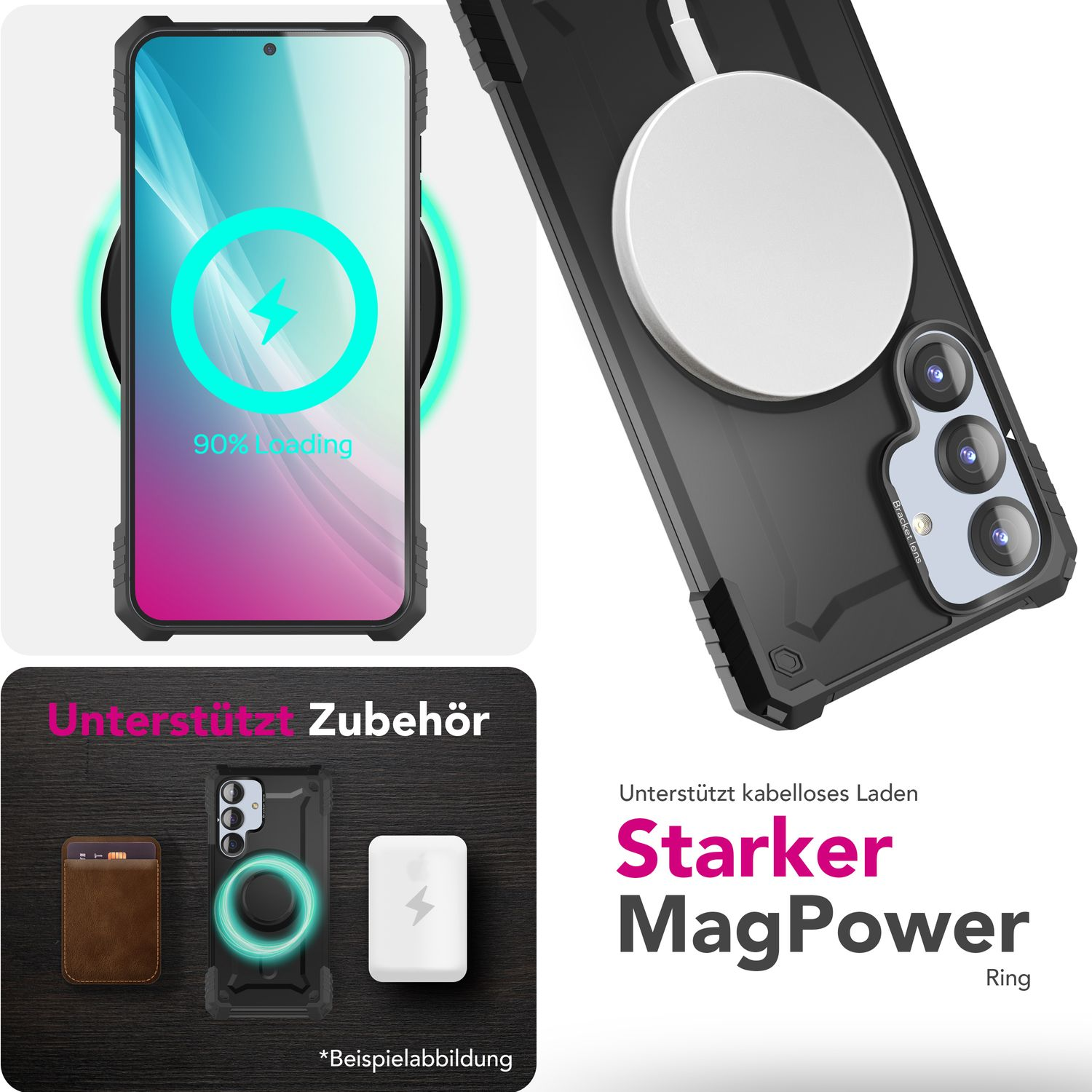 Eine schwarze Handyhülle mit einem MagSafe-Ring. Das Telefon wird geladen. Text: MagPower Ring.