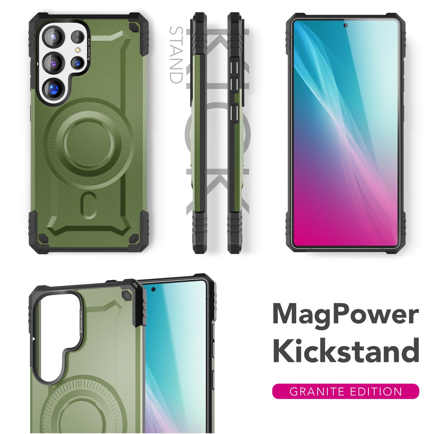 Grüne Handyhülle mit Ständer und MagPower-Logo, verschiedene Ansichten.