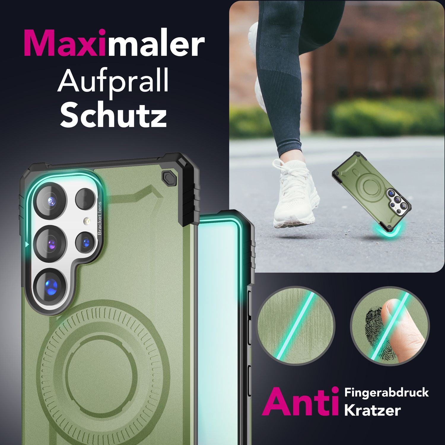Eine grüne Handyhülle mit schwarzem Rahmen, auf einem Hintergrund mit Text.