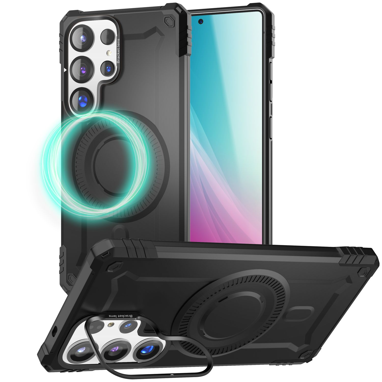 Schwarze Telefonhüllen mit Magnetring, die drei verschiedene Ansichten des Telefons zeigen.