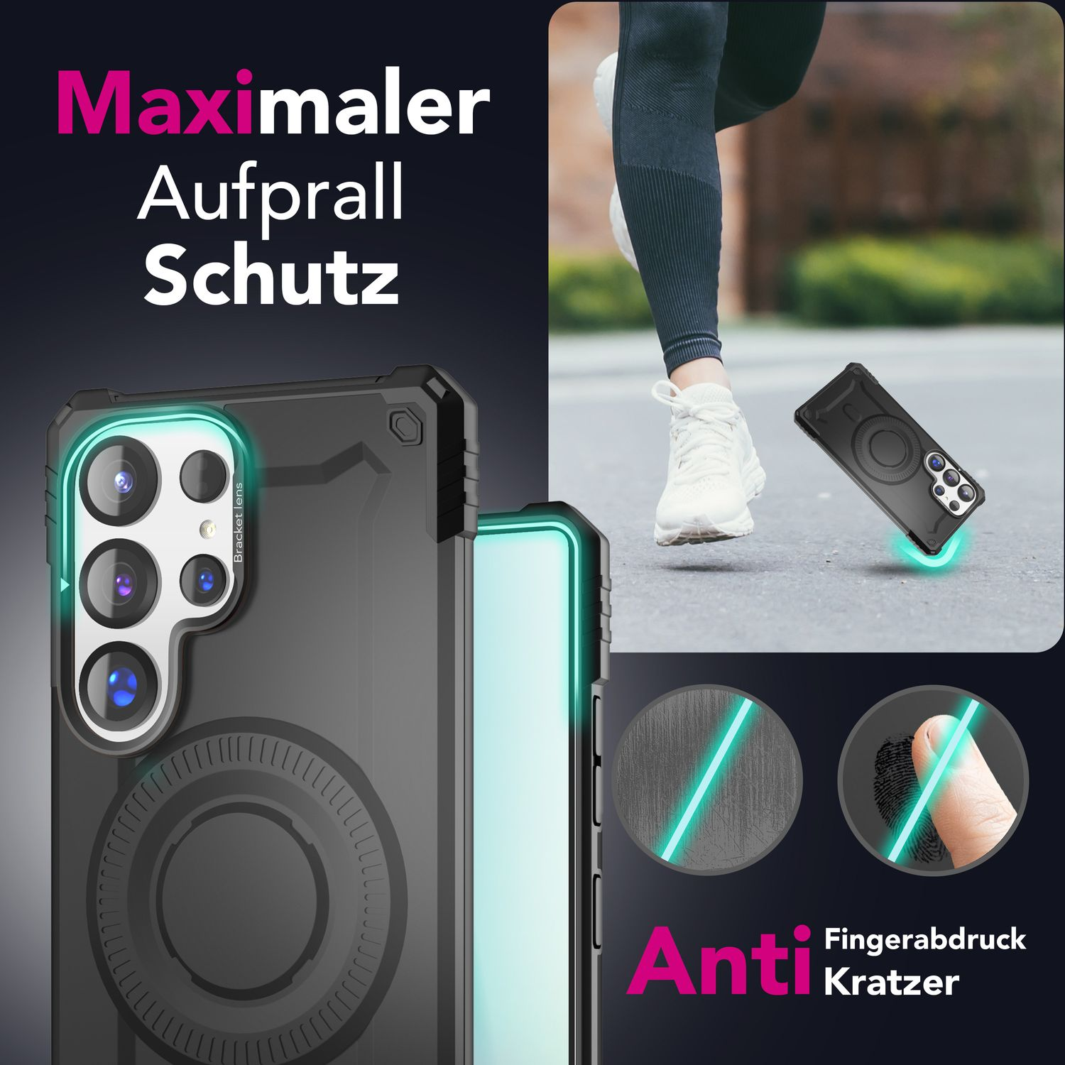 Schwarze Handyhülle mit Schutzrahmen und weißem Kreis, zeigt Fingerabdruck- und Kratzfestigkeit.