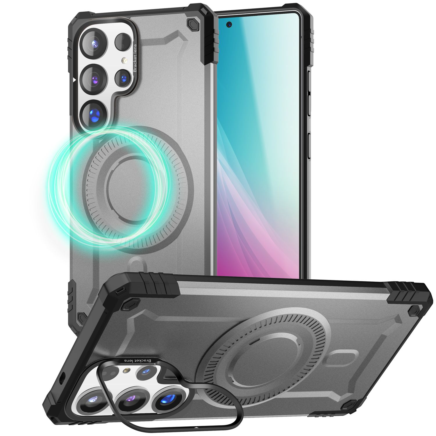 Handyhüllen, transparent und grau, mit Kameraringen und Magnetkreis.