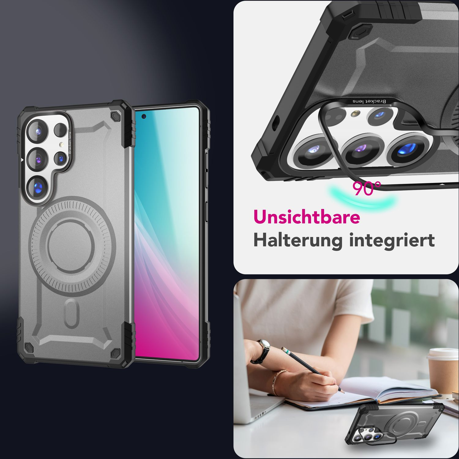 Handyhülle mit Telefon darin. Person schreibt auf Papier mit einer weiteren Handyhülle.