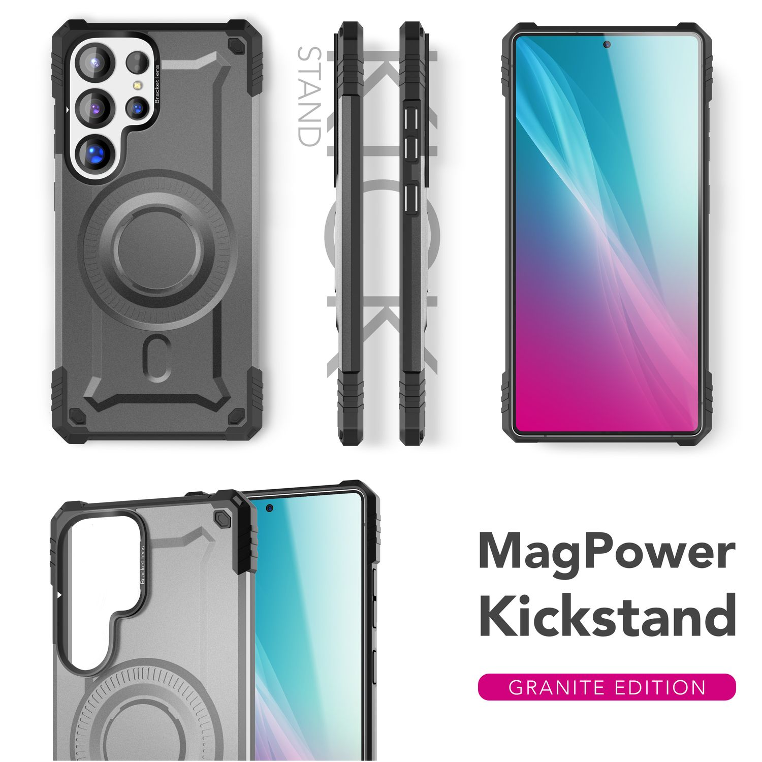Schutzhülle für das Telefon, die verschiedene Winkel zeigt, mit dem Text "MagPower Kickstand".