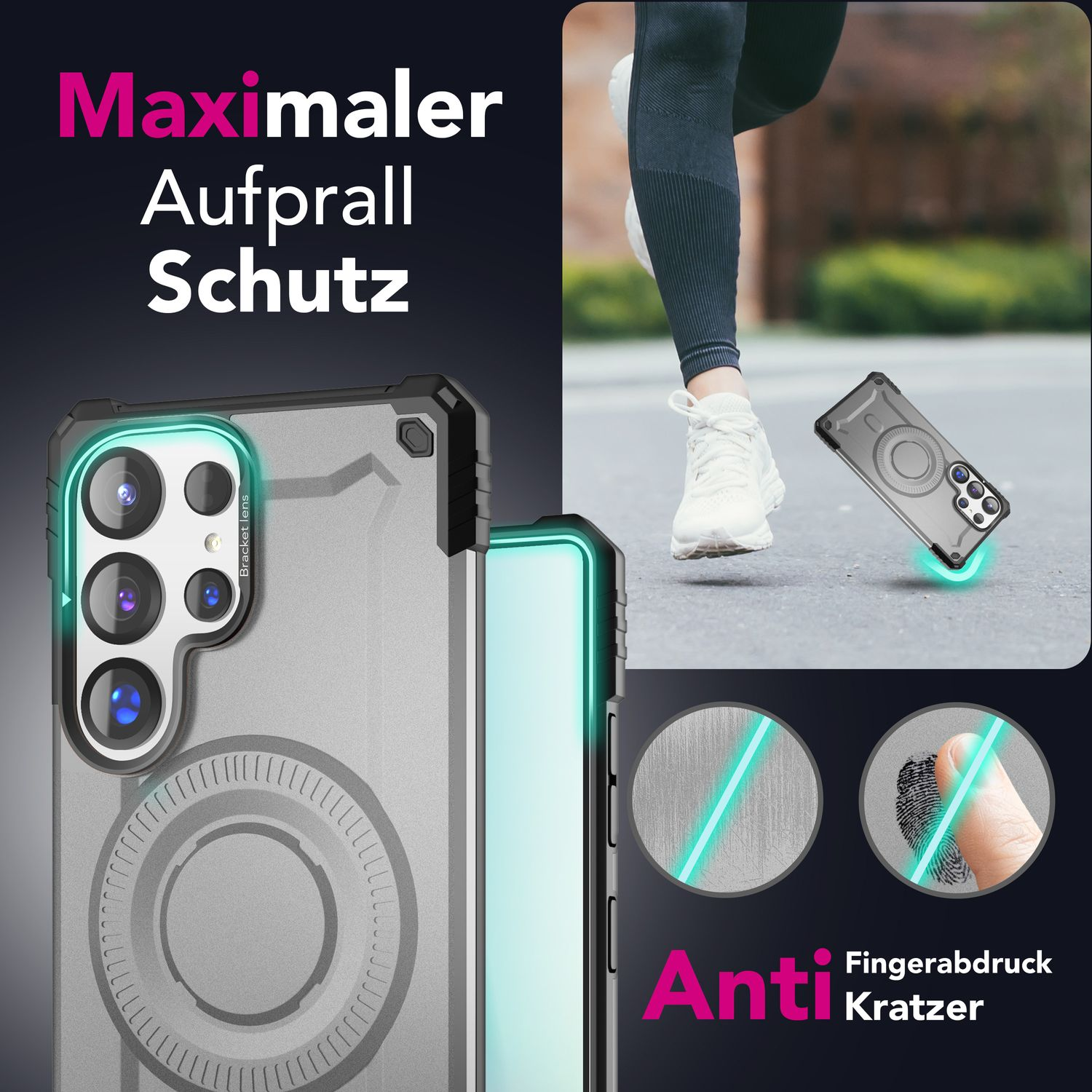 Eine graue Handyhülle mit Schutzdesign, die Fingerabdruck- und Linsendetails zeigt.