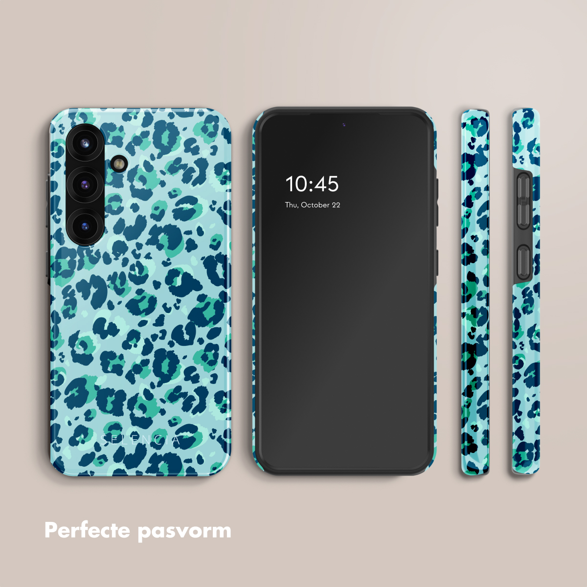 Een telefoon en de bijbehorende hoesjes worden getoond met een luipaardprint op een lichte achtergrond.