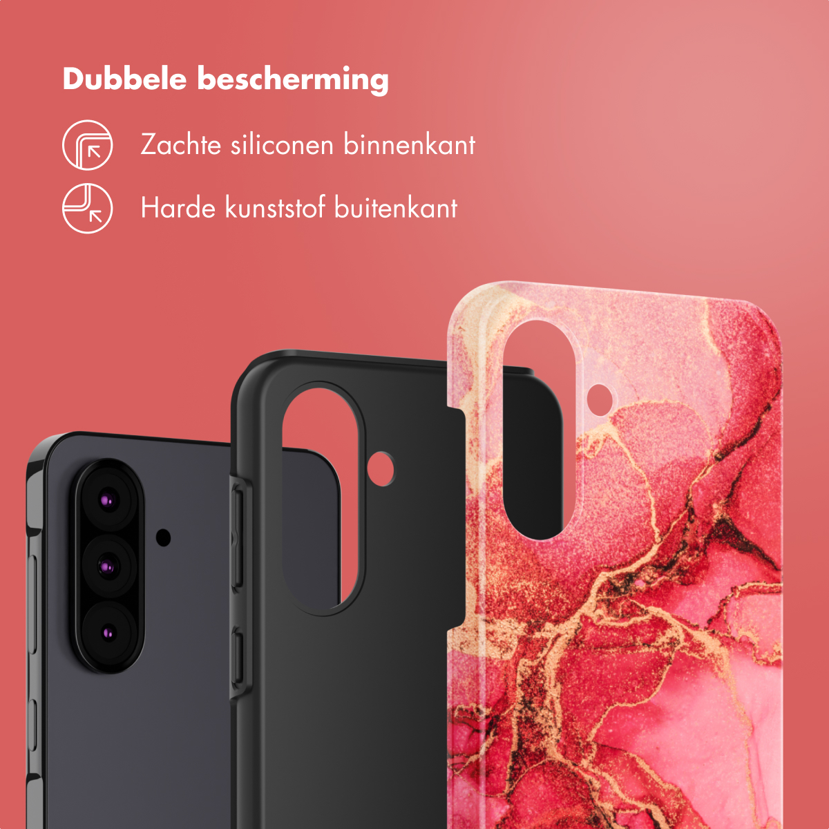 Tre custodie per telefono, nere, grigie e rosse. Sfondo rosso.