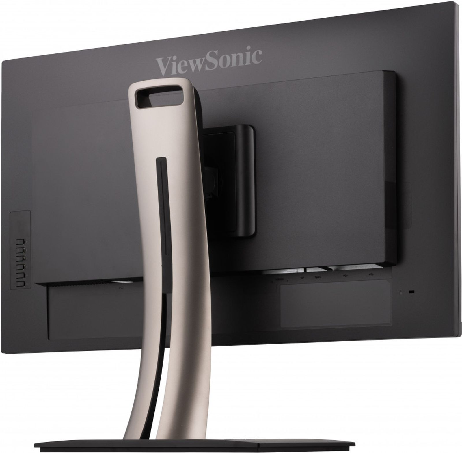 Tył czarnego monitora komputerowego ze srebrną podstawką. Widoczne logo ViewSonic.