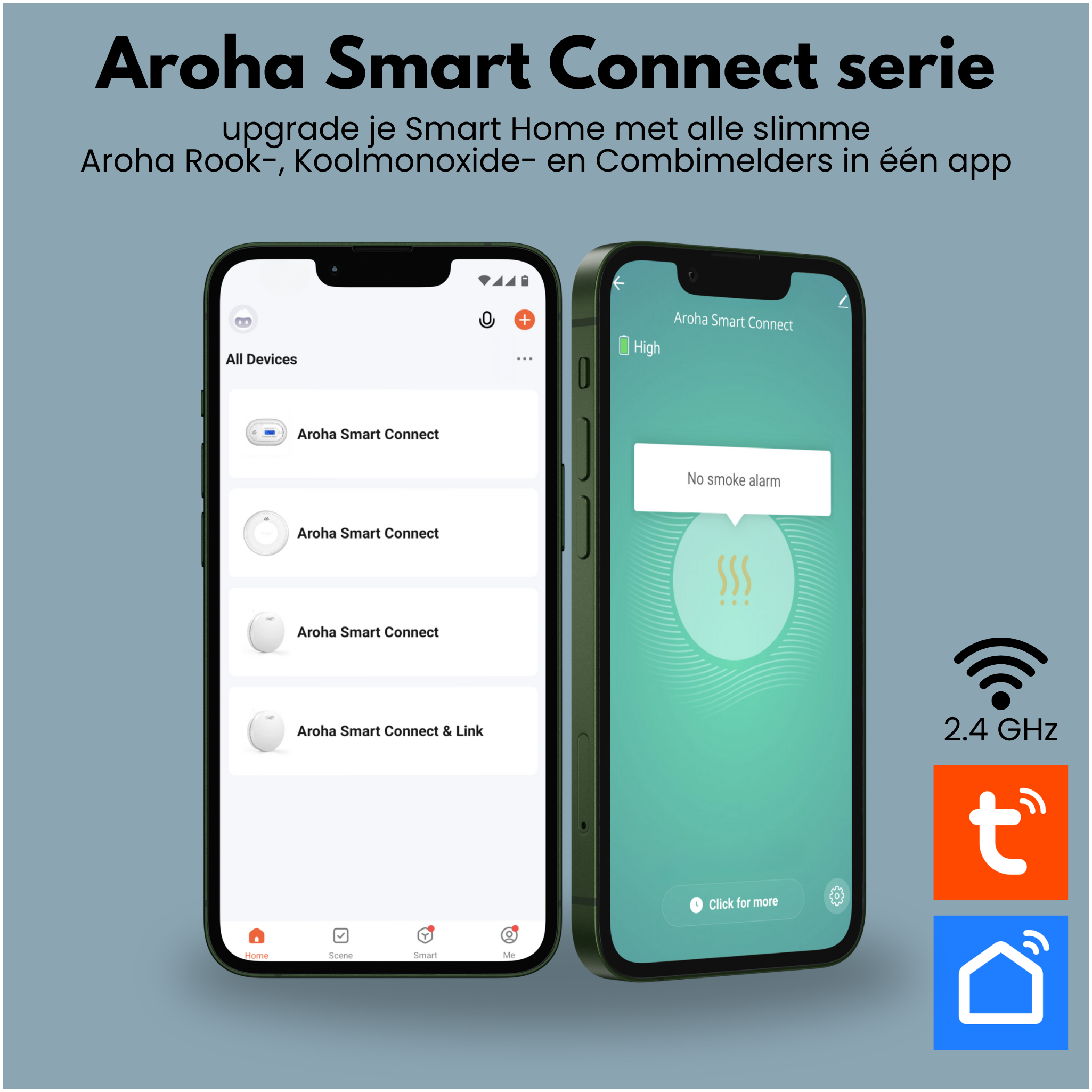 Two smartphones showing a smart home control interface, with logos on the right.