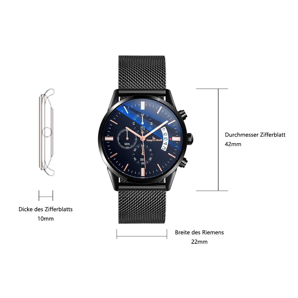 Eine schwarze Uhr mit schwarzem Armband. Sie zeigt Zahlen und hat ein 42-mm-Zifferblatt.