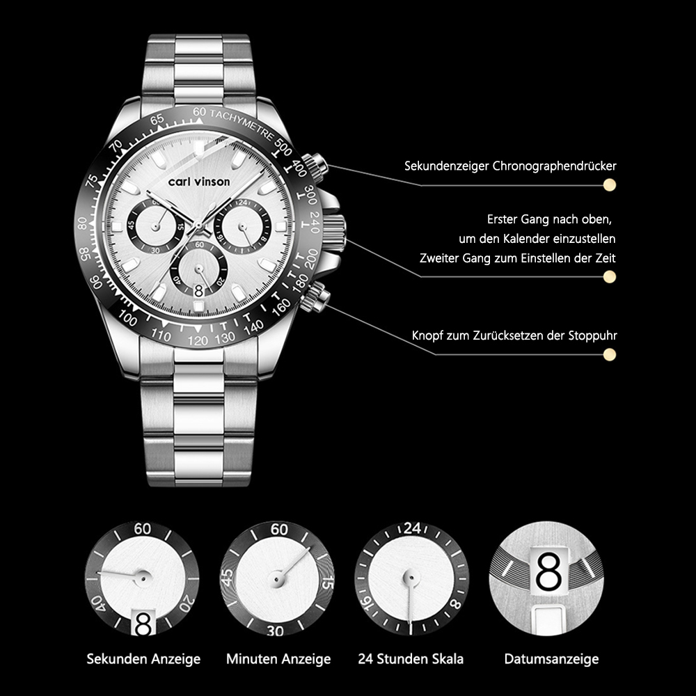 Silberne Uhr. Schwarzes Zifferblatt mit weißen Details, mehrere Zifferblätter und Zahlen. Silbernes Band.