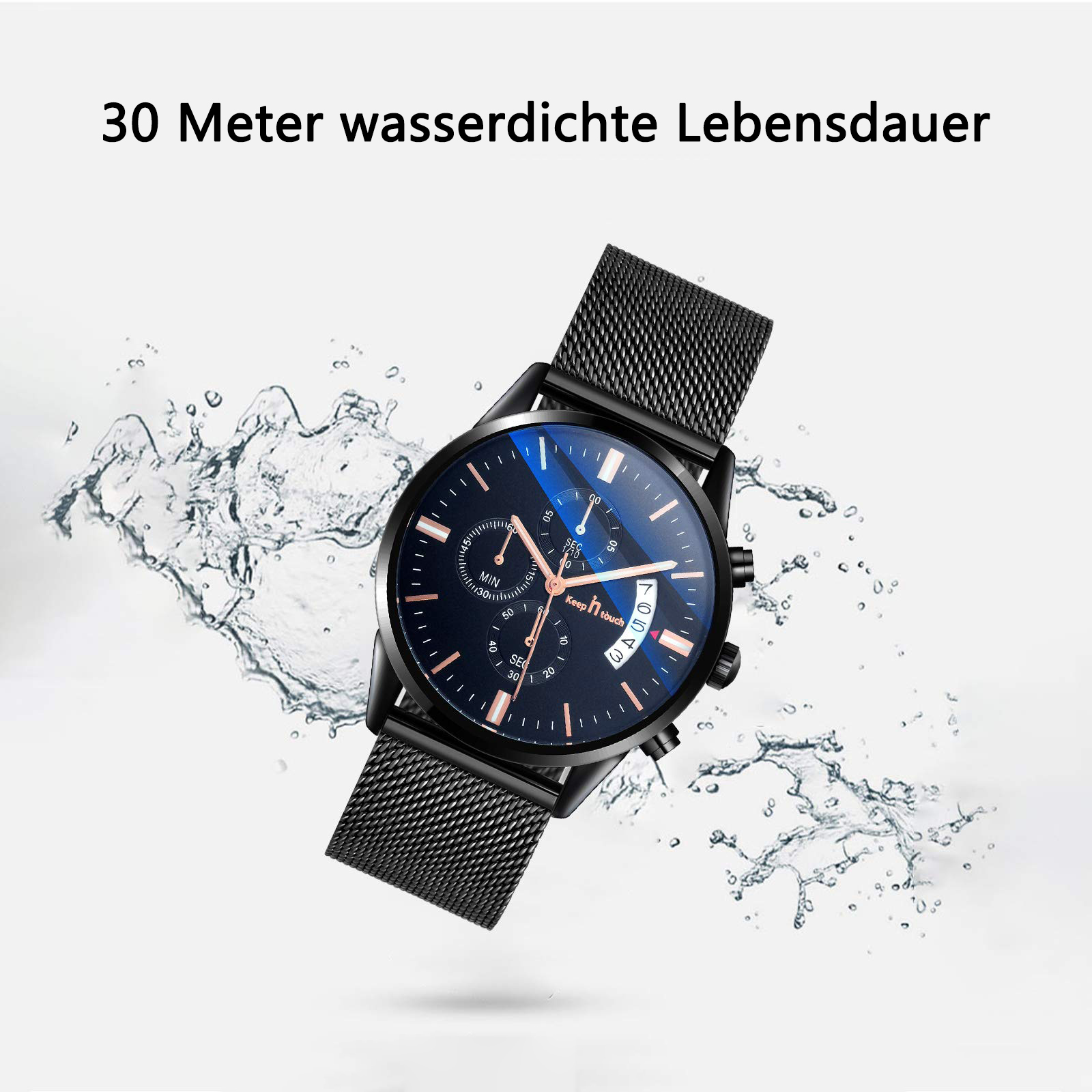 Schwarze Uhr mit Mesh-Armband und blauem Zifferblatt, mit Wassertropfen im Hintergrund.