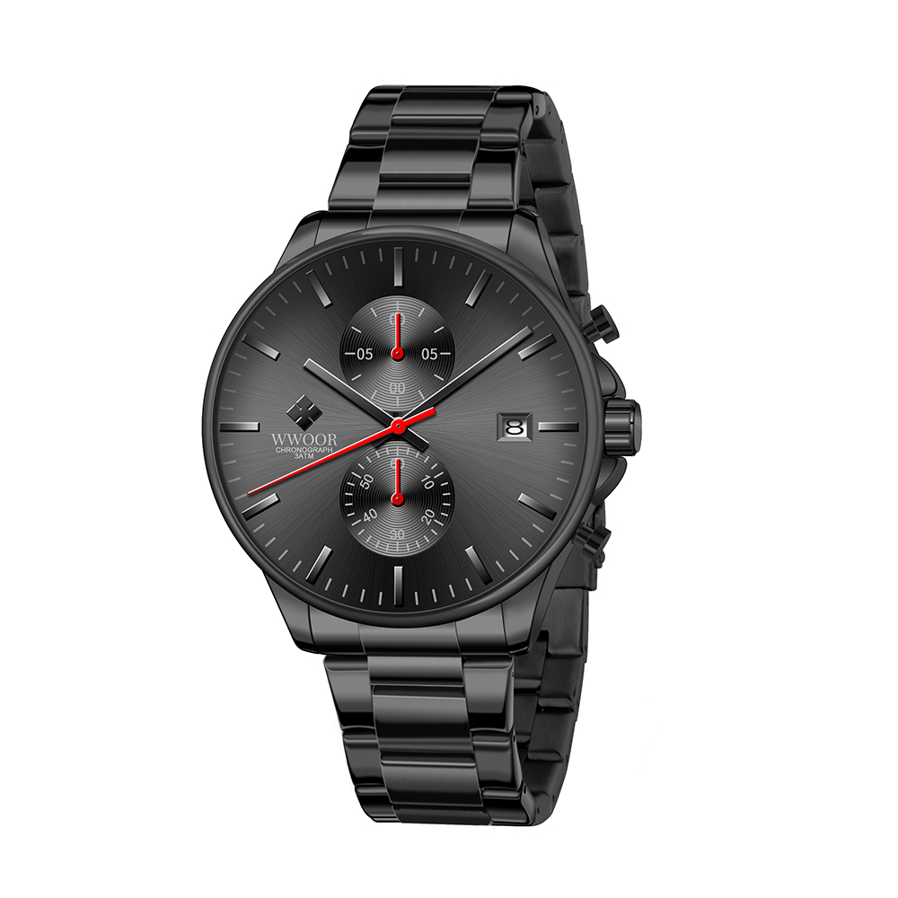 Eine schwarze Uhr mit dunkelgrauem Zifferblatt. Die Uhr hat rote Akzente und ein Metallband.