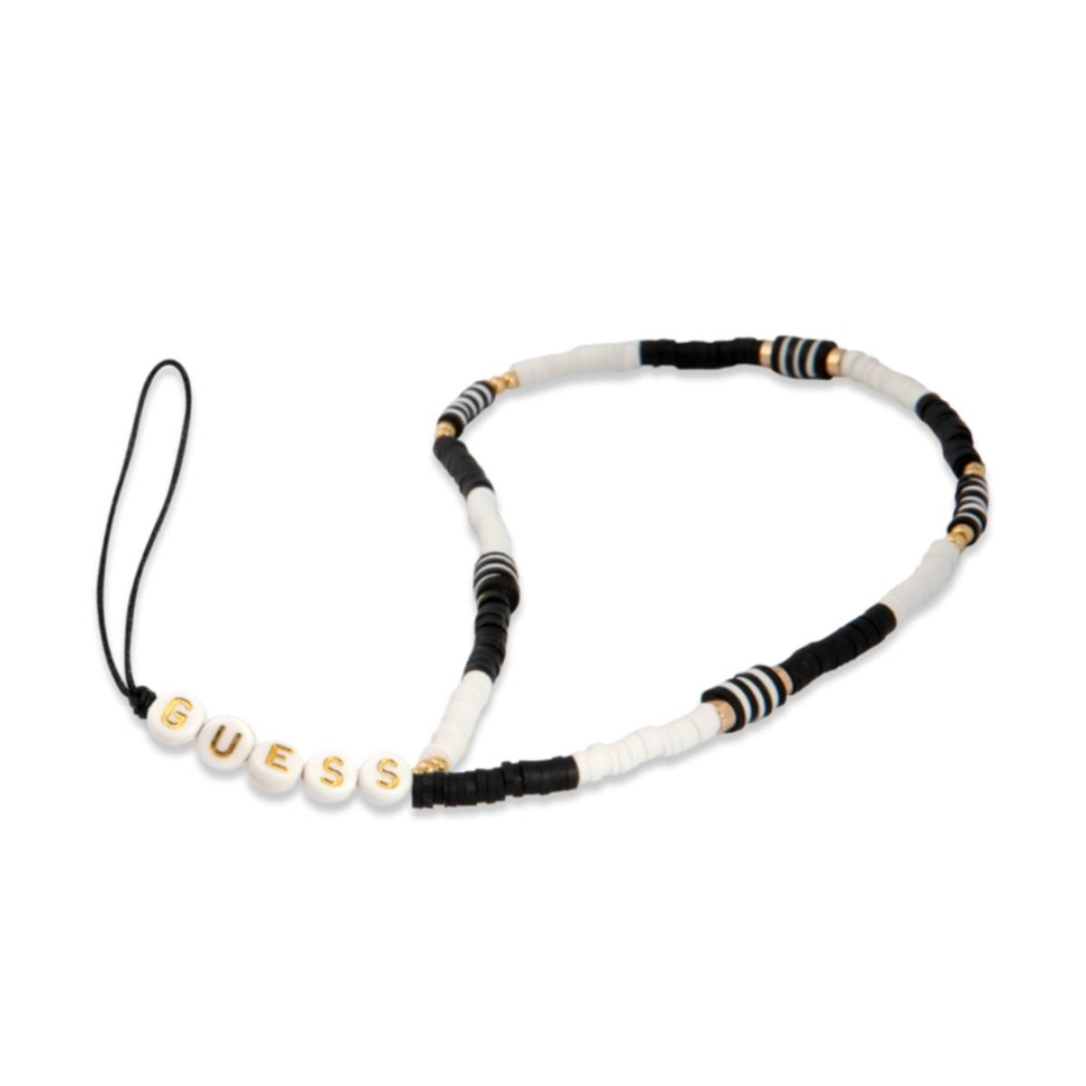 Una collana di perline con perline nere, bianche e dorate. La parola 'GUESS' è scritta.
