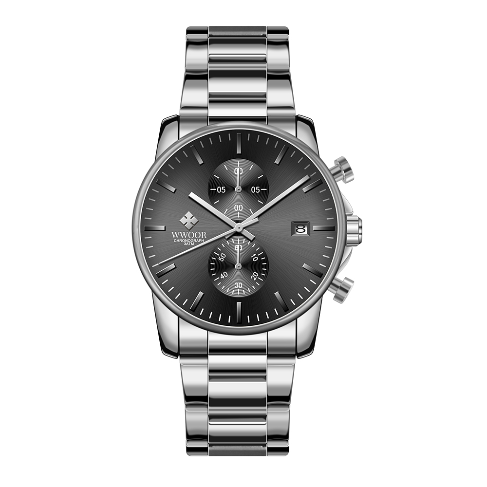 Silberne Armbanduhr vor weißem Hintergrund. Die Uhr hat ein graues Zifferblatt mit weißen Zeigern und silbernen Details.