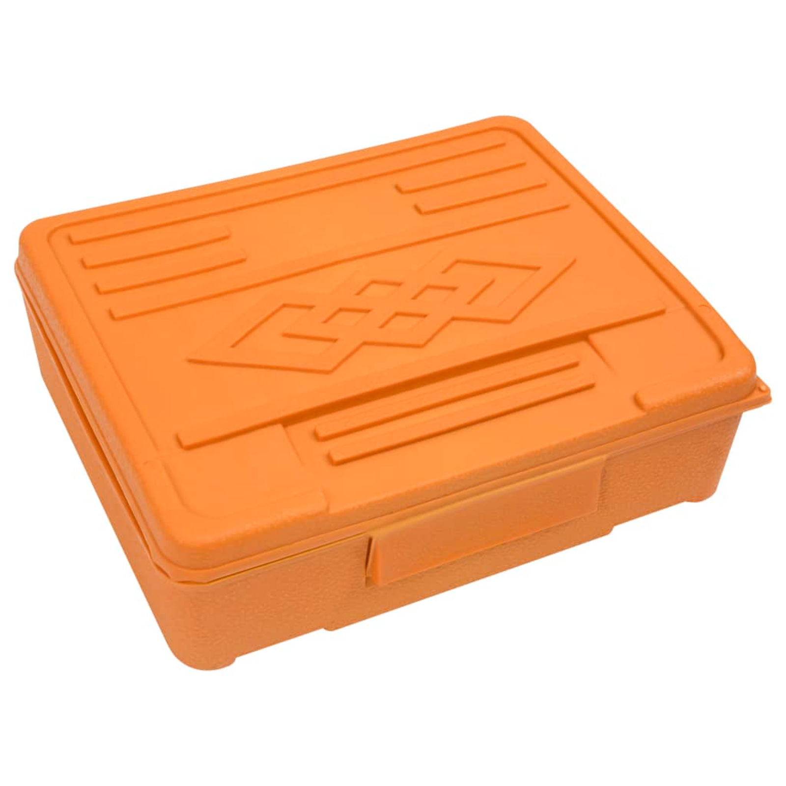 Orange Kunststoffbox mit strukturierter Oberfläche und Scharnierdeckel. Der Deckel hat Linien.