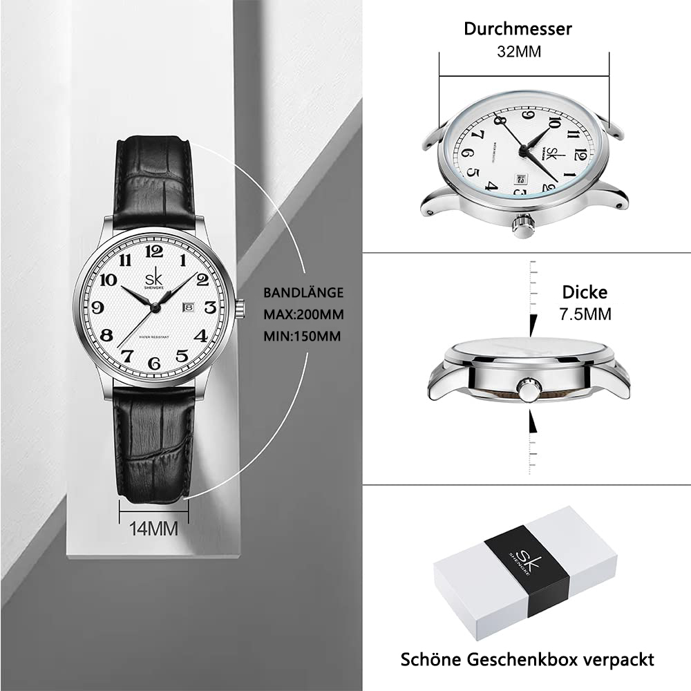Uhr mit schwarzem Lederarmband und weißem Zifferblatt. Maße und Geschenkbox werden gezeigt.