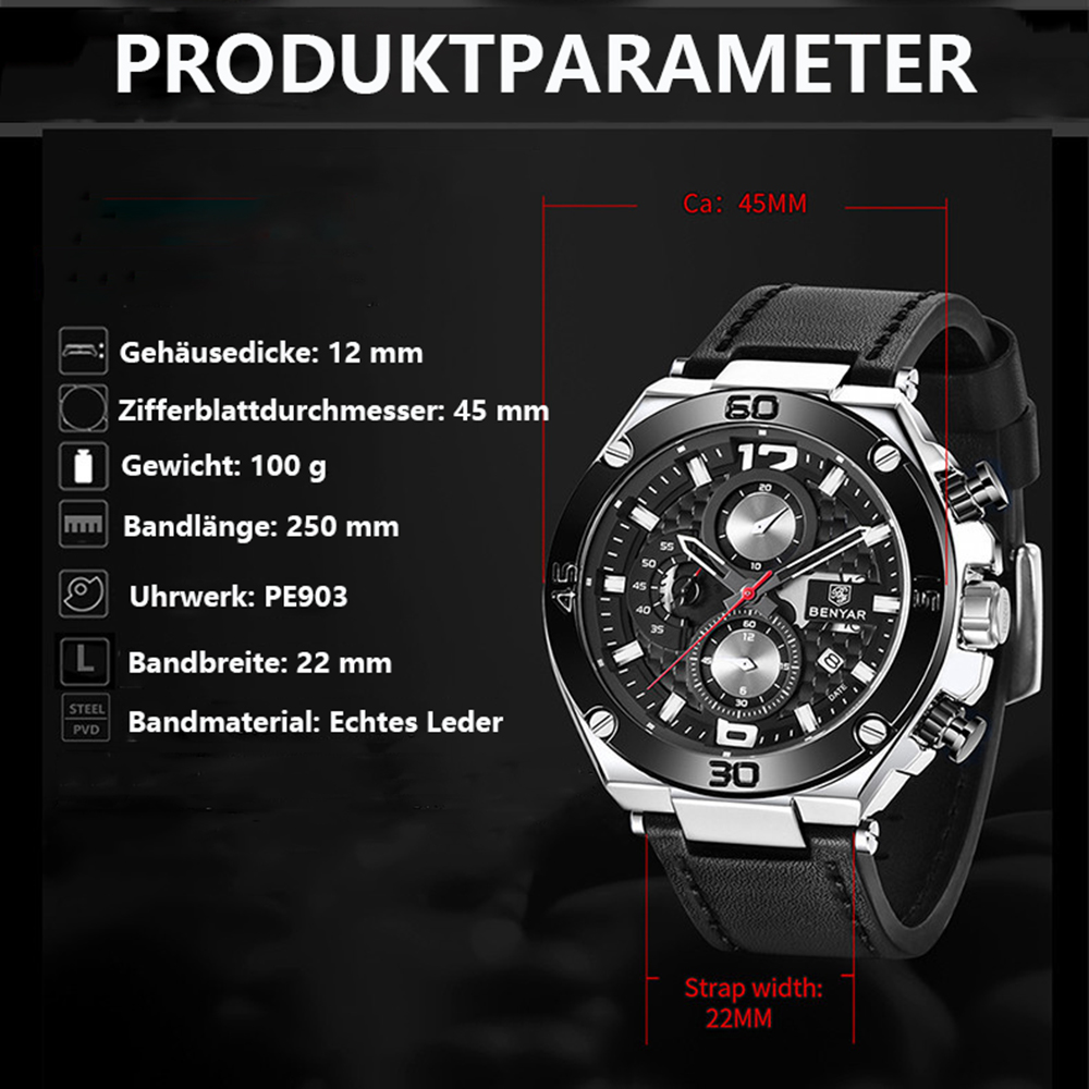 Schwarze Uhr mit schwarzem Armband und silbernen Details, Produktparameter werden angezeigt.