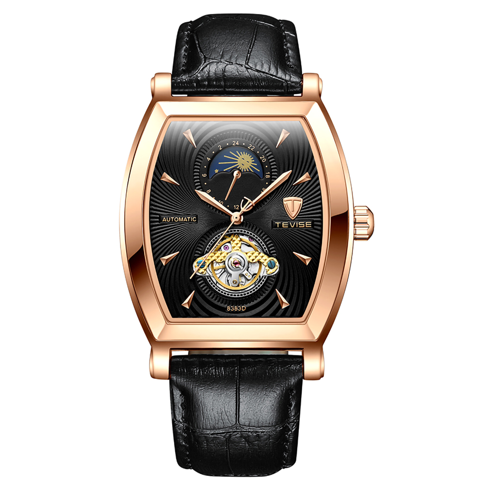 Roségoldene Uhr mit schwarzem Zifferblatt und Armband.