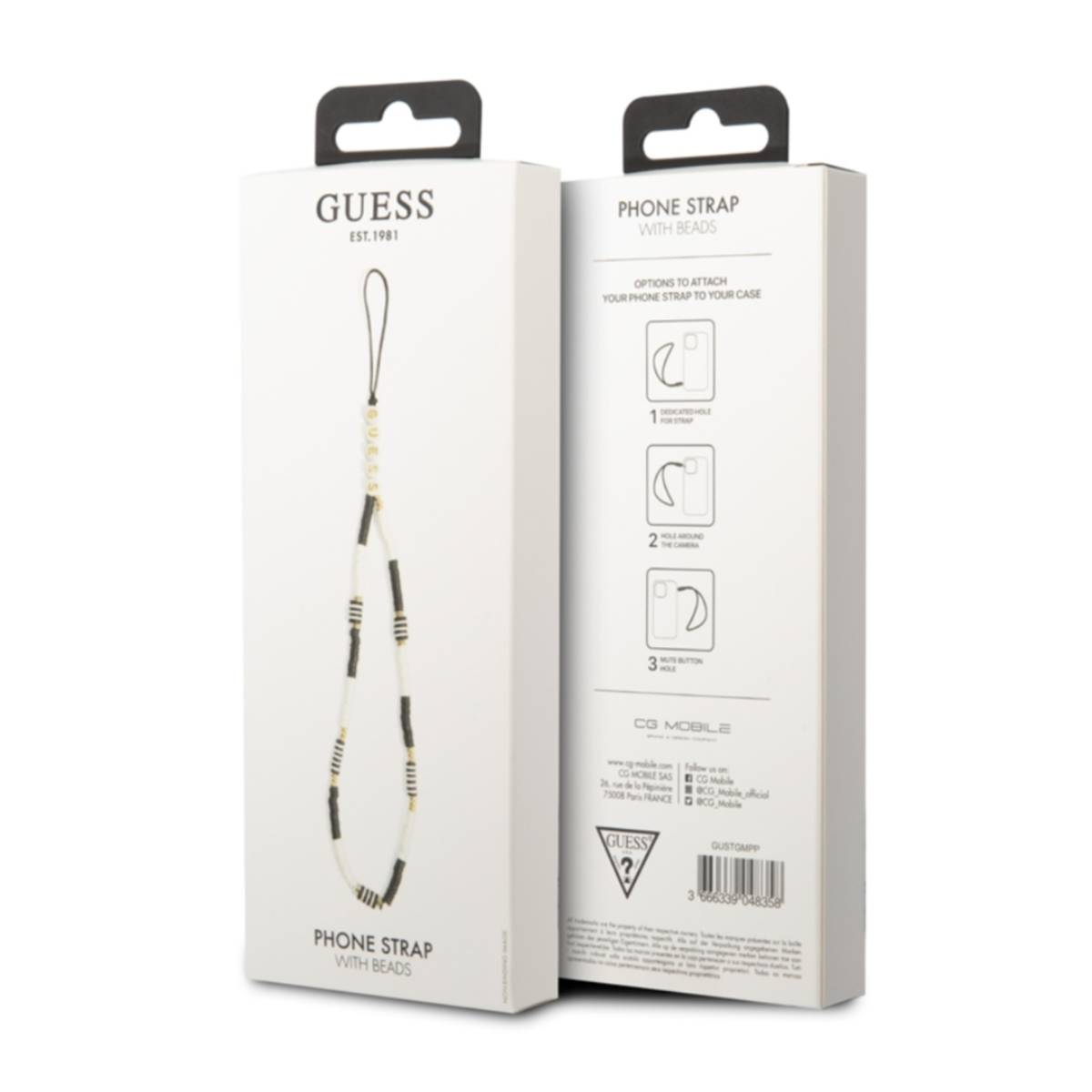 Cinturino per telefono Guess con perline in una scatola bianca, istruzioni laterali.