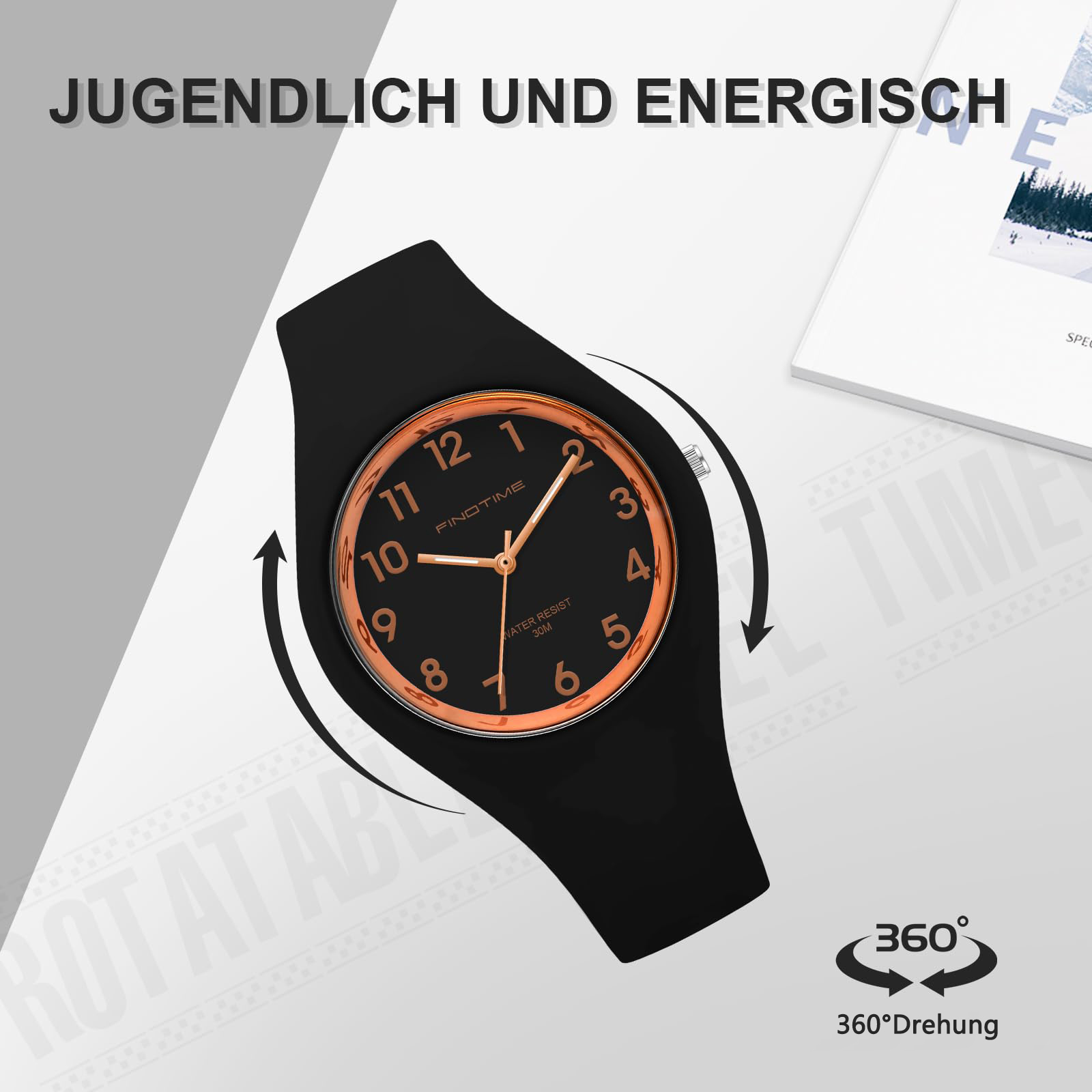 Eine schwarze Uhr mit kreisförmigem orangefarbenen Zifferblatt. Die Uhr wird auf weißem Untergrund gezeigt.