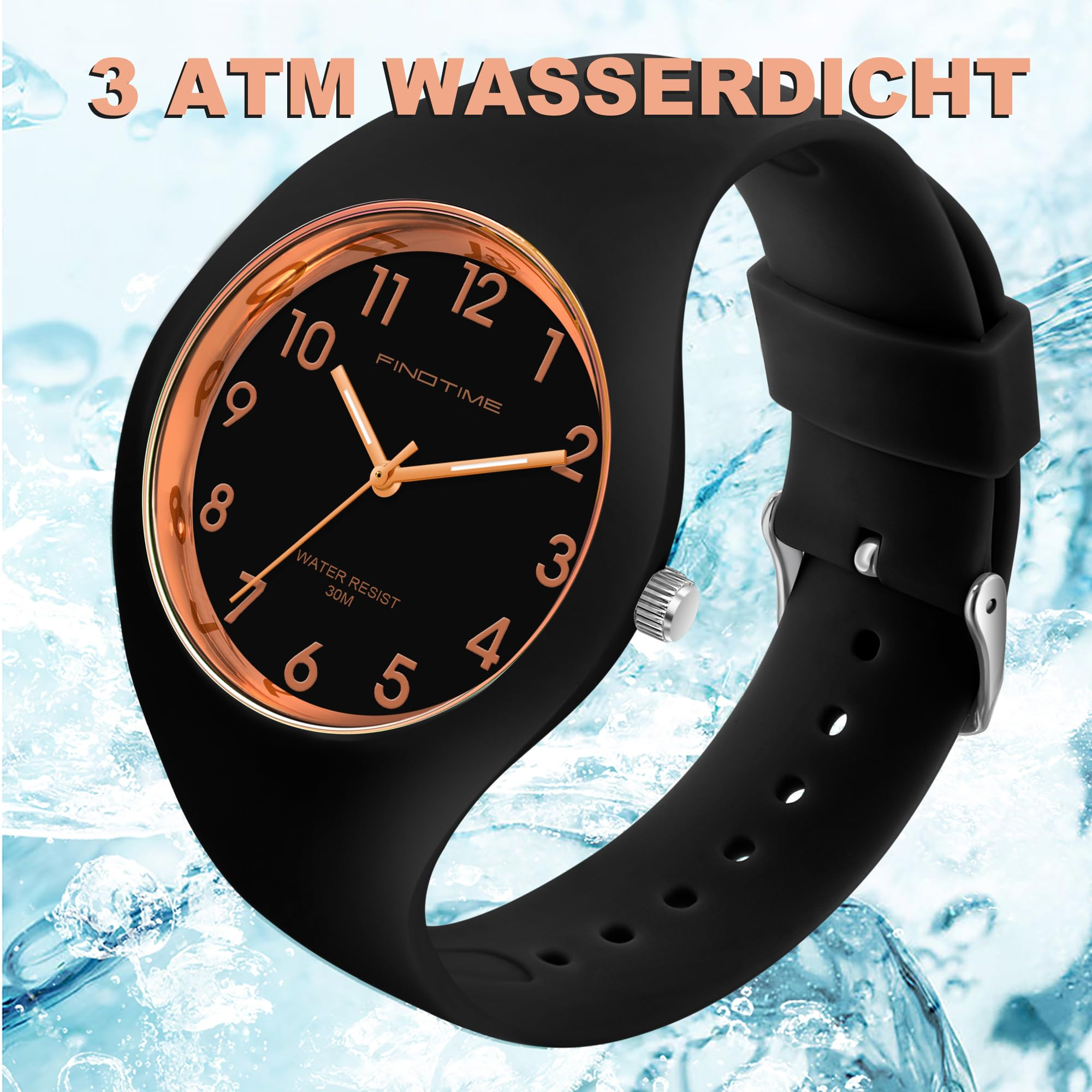 Schwarze Uhr mit schwarzem Armband. Das Zifferblatt hat goldene Details und einen schwarzen Hintergrund.