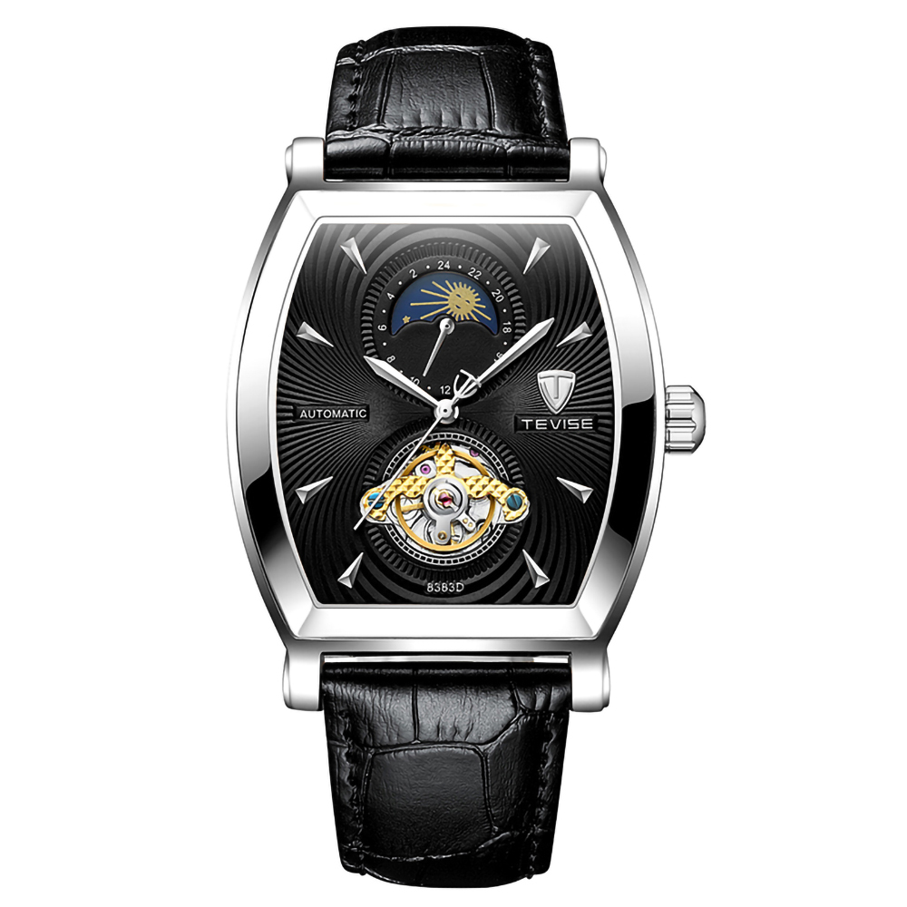 Schwarze Uhr mit schwarzem Lederarmband und silbernem Zifferblatt.
