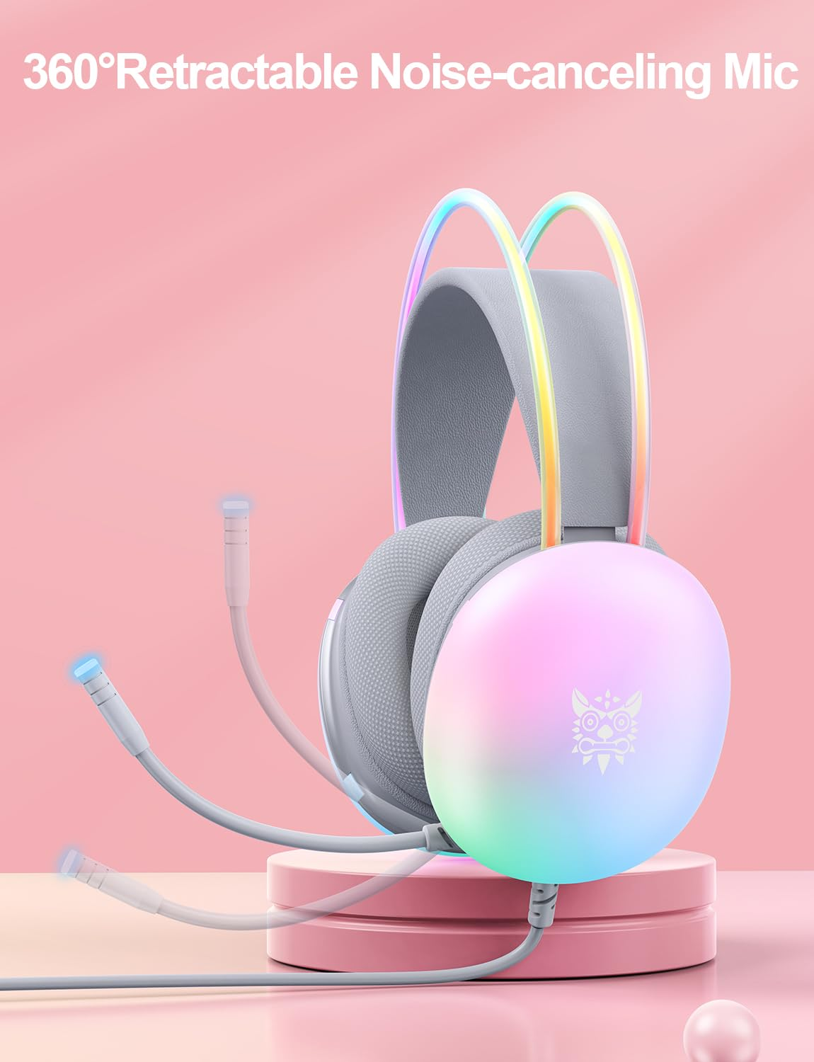 Gaming-Headset, rosa Hintergrund. Headset ist weiß und grau mit blauem Mikrofon und Regenbogenlichtern.
