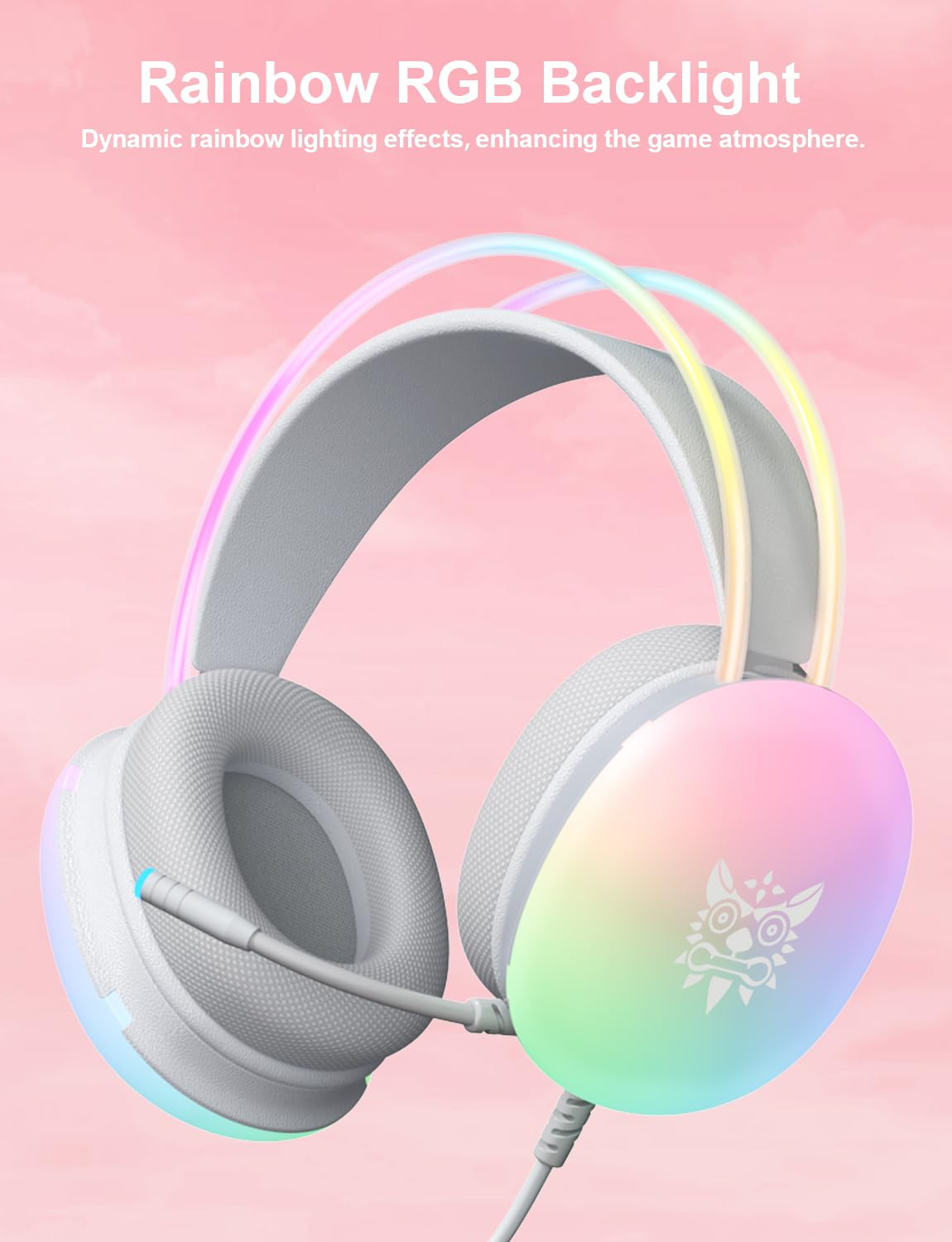 Weiße Gaming-Kopfhörer mit Regenbogen-RGB-Beleuchtung auf pinkfarbenem Hintergrund.