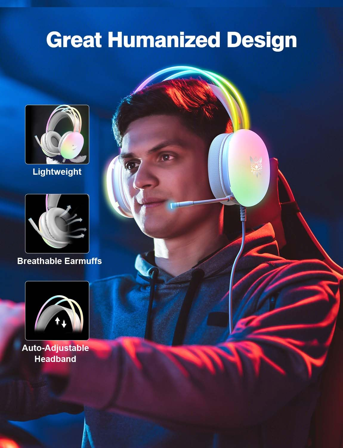 Mann trägt Gaming-Headset mit bunten Lichtern, mit Bildern von Headset-Funktionen: leicht, atmungsaktive Ohrmuscheln.
