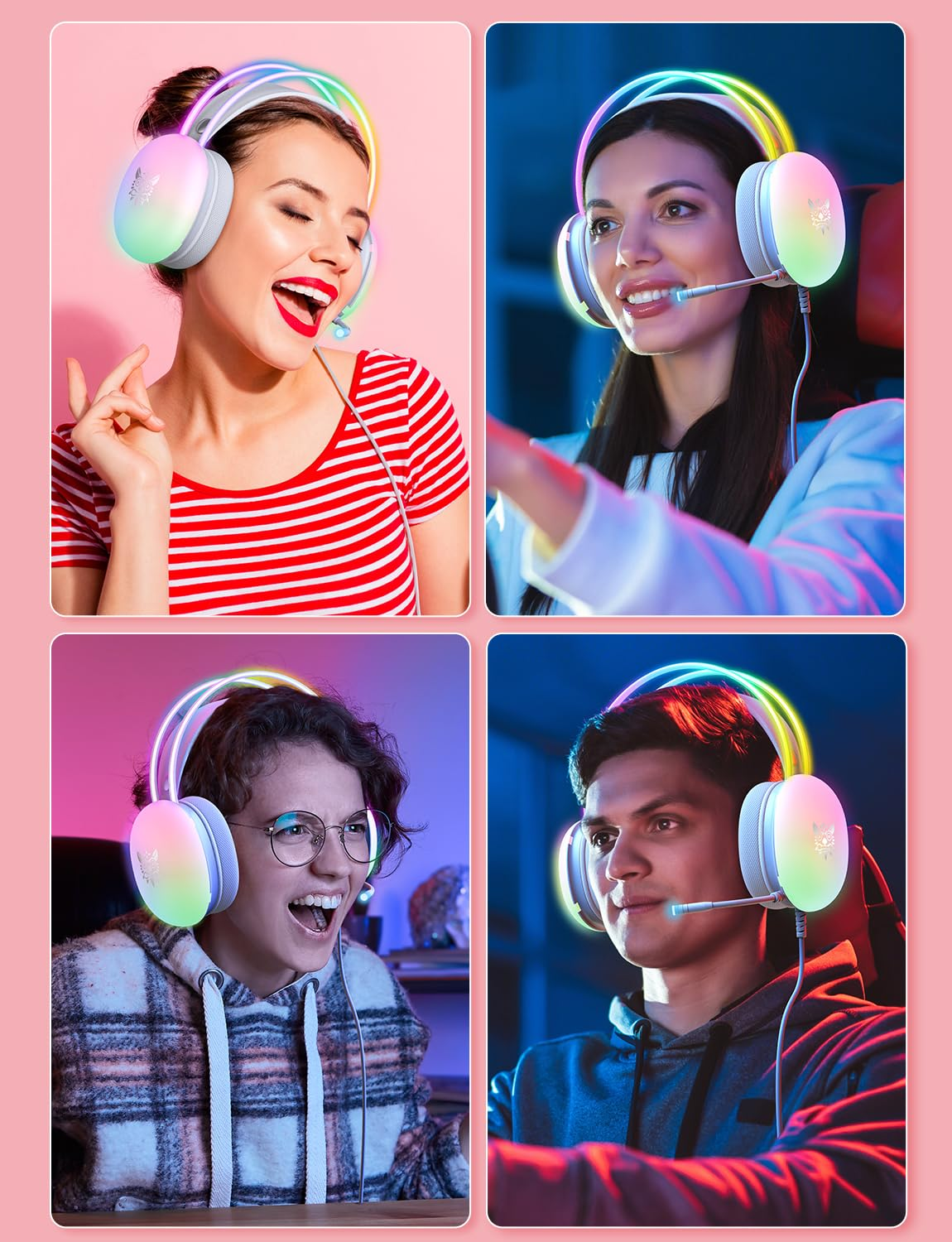 Vier Personen tragen Gaming-Headsets mit bunten Lichtern.