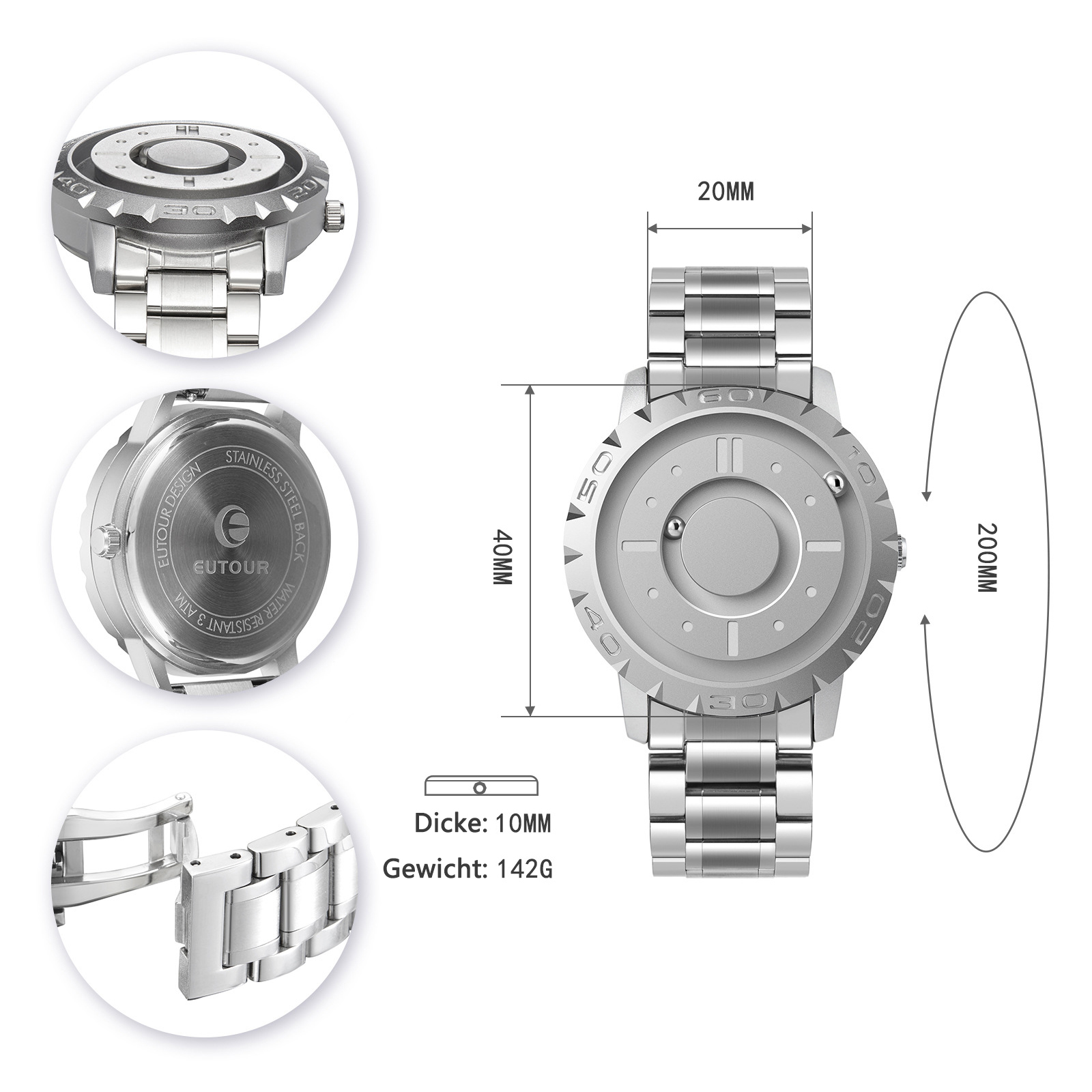 Silberne Uhr mit schwarzem Zifferblatt und silbernem Band. Produktdetails mit Abmessungen werden präsentiert.