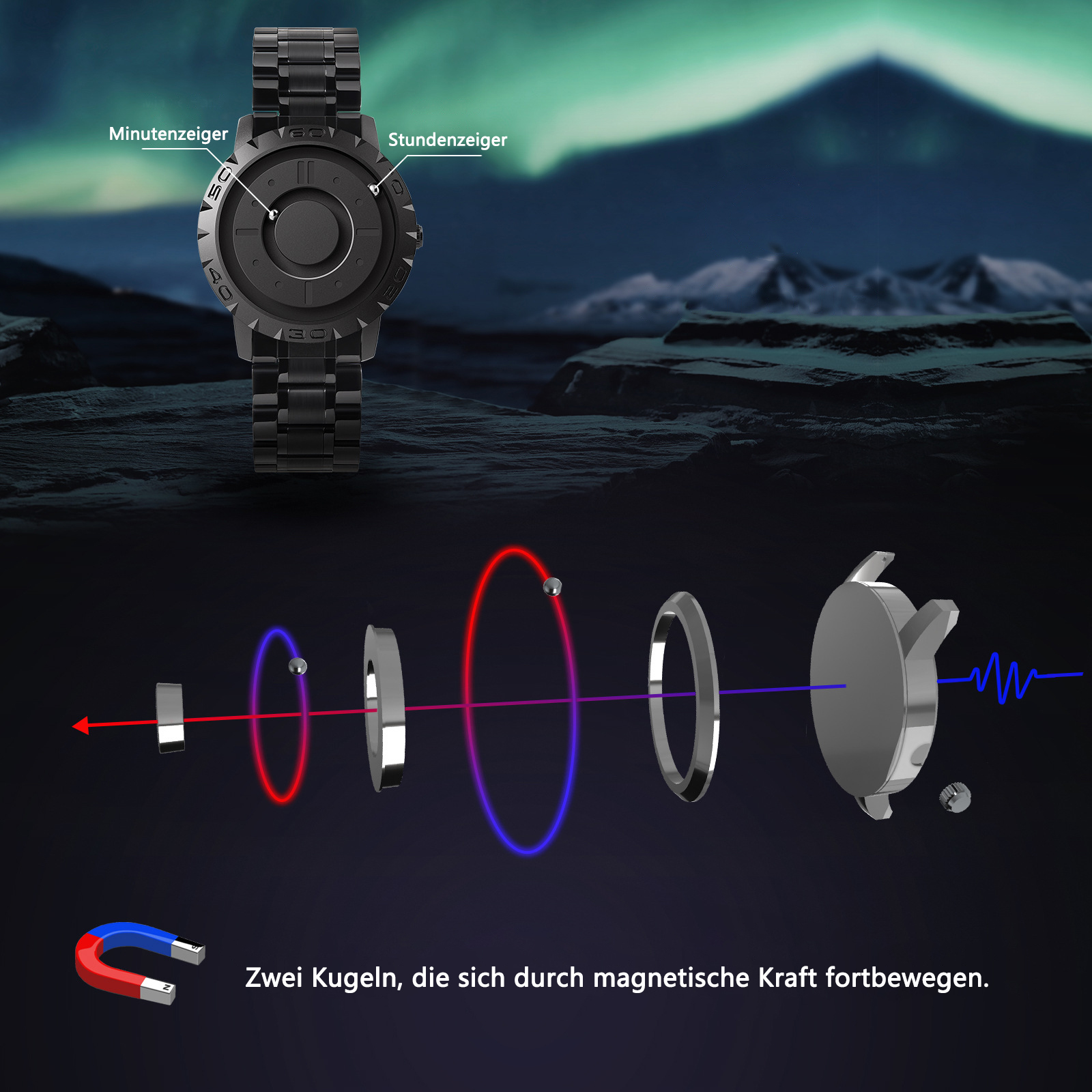 Eine Explosionszeichnung einer schwarzen Uhr. Die Uhr hat ein schwarzes Zifferblatt mit silbernen Details und ein schwarzes Armband.