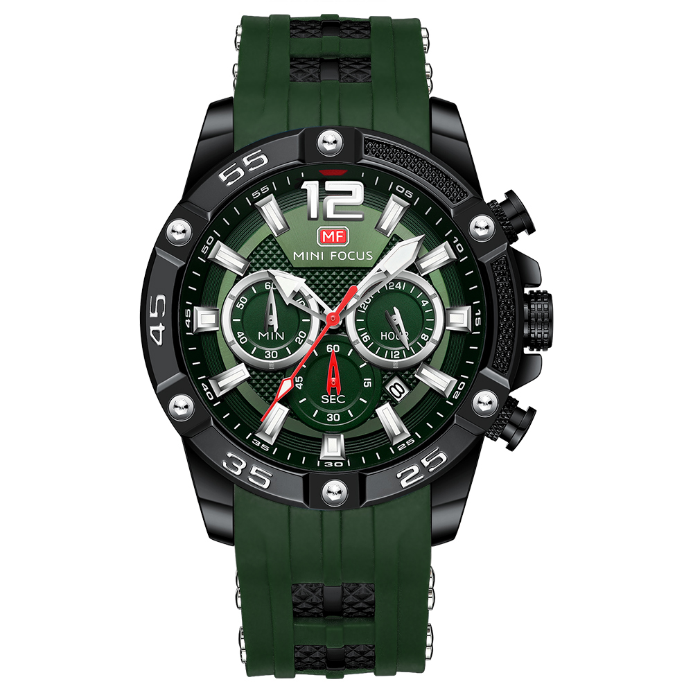 Eine grün-schwarze Uhr mit weißen Ziffern und Zeigern. Sie hat ein grünes Armband und eine schwarze Lünette.